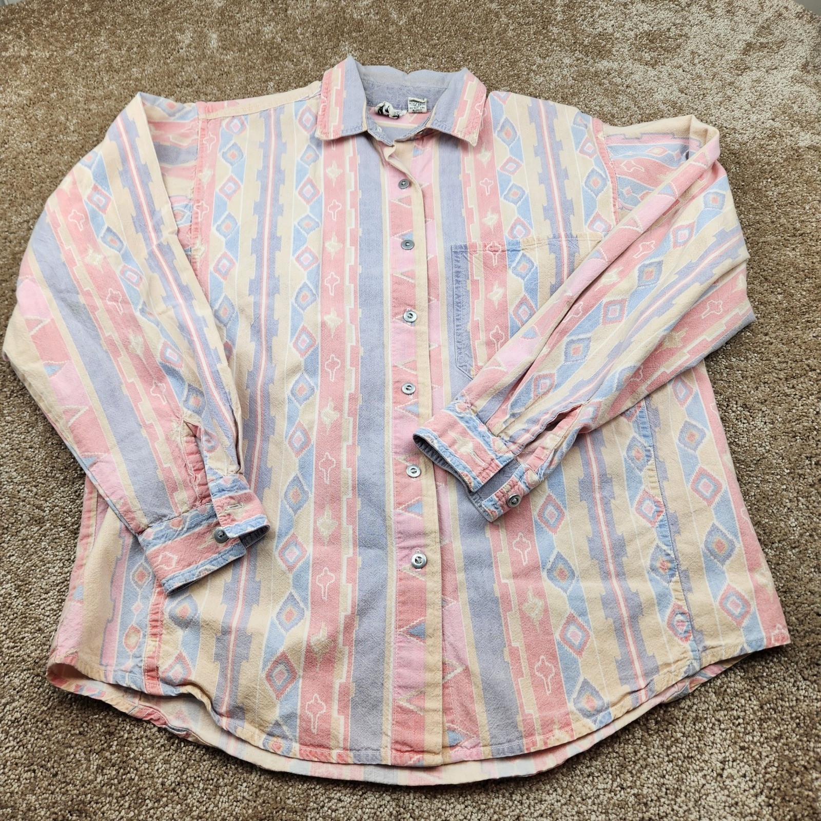 Vtg Impact Southwestern Pastel Geometric Cotton Button Down Shirt Womens S