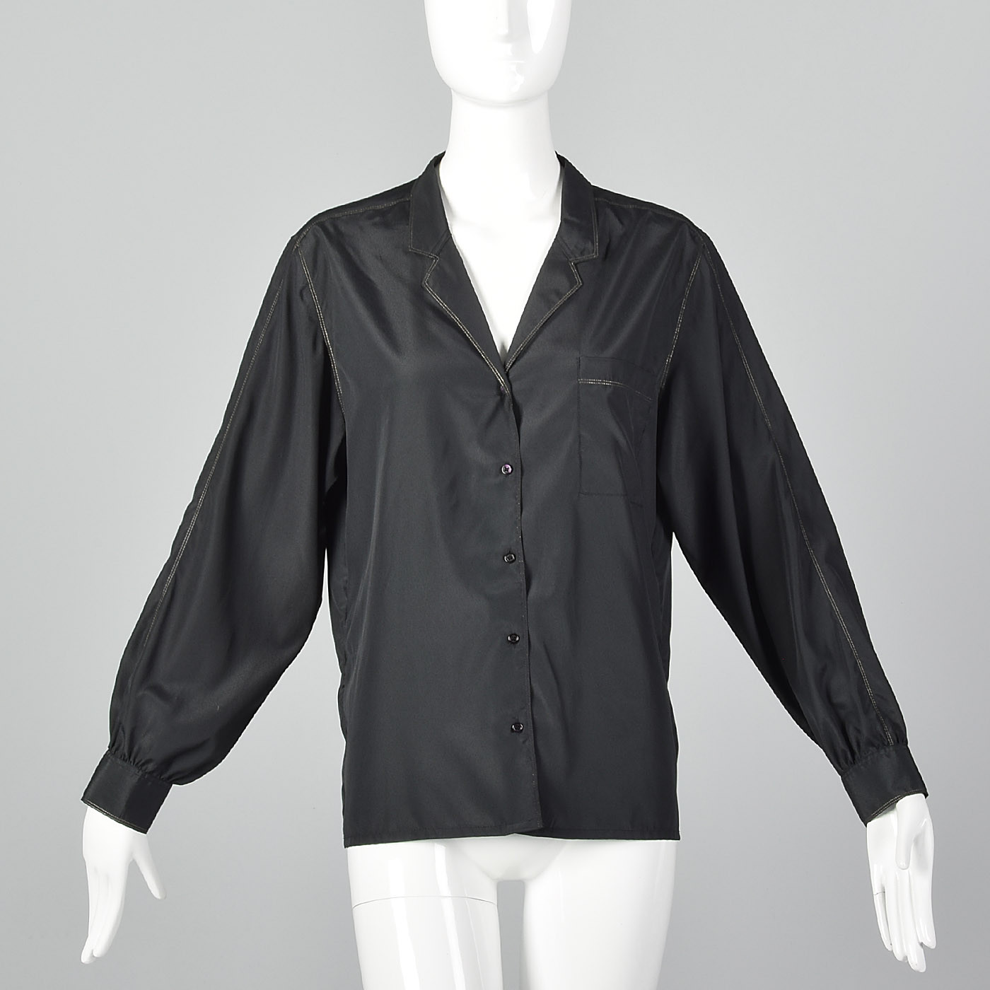 Large 1970s Rodier Paris Black Blouse Lightweight VTG Silky Feel Gold Metallic