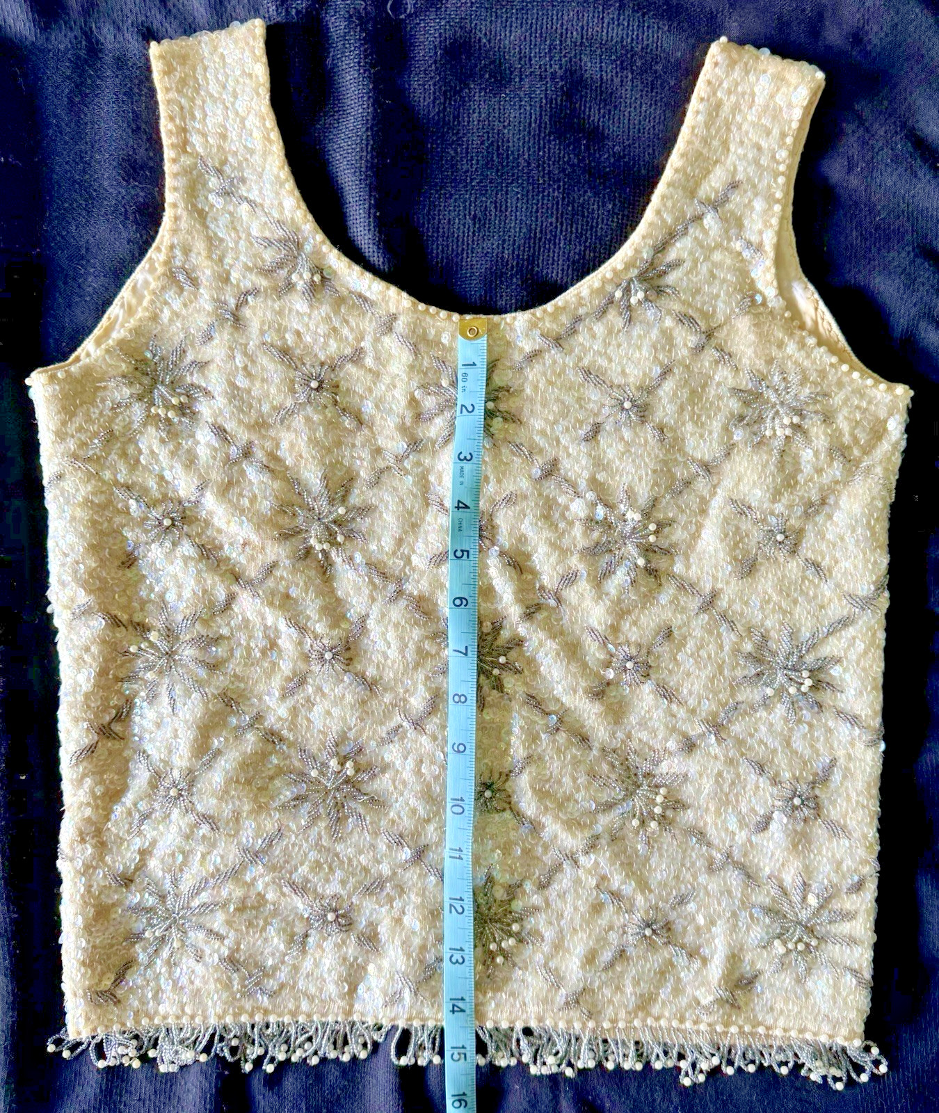 VTG 60’s Ivory Sequin&Beaded Sleeveless Cocktail Top~Tasseled Hem~Back Zip~Sz 12