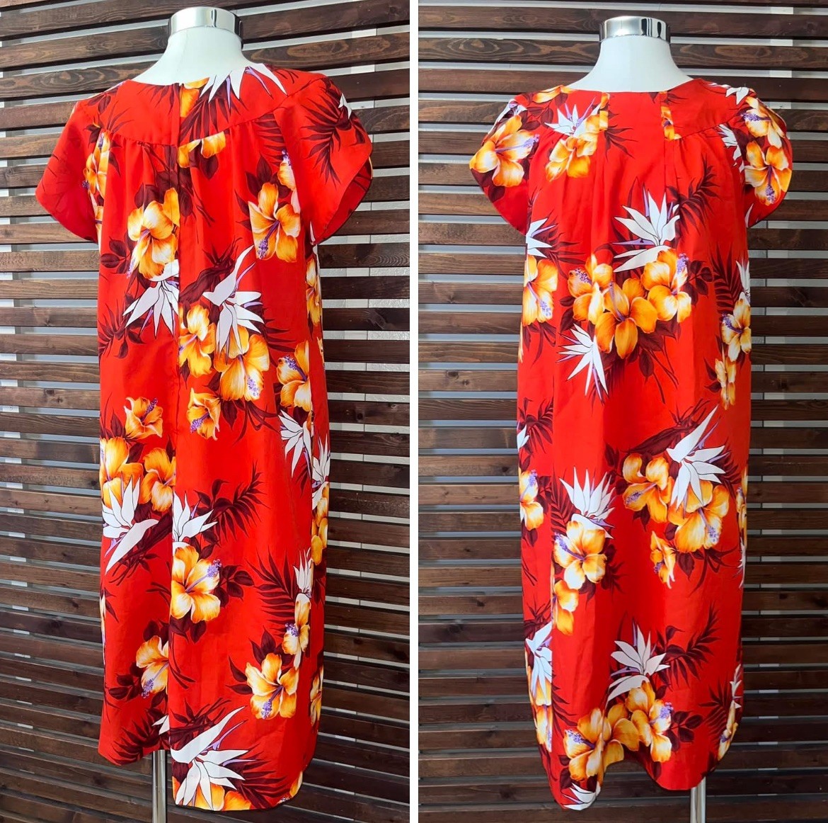 1970s Vintage Red Hibiscus Floral Hawaiian Short Sleeve MuuMuu Dress Side Pocket