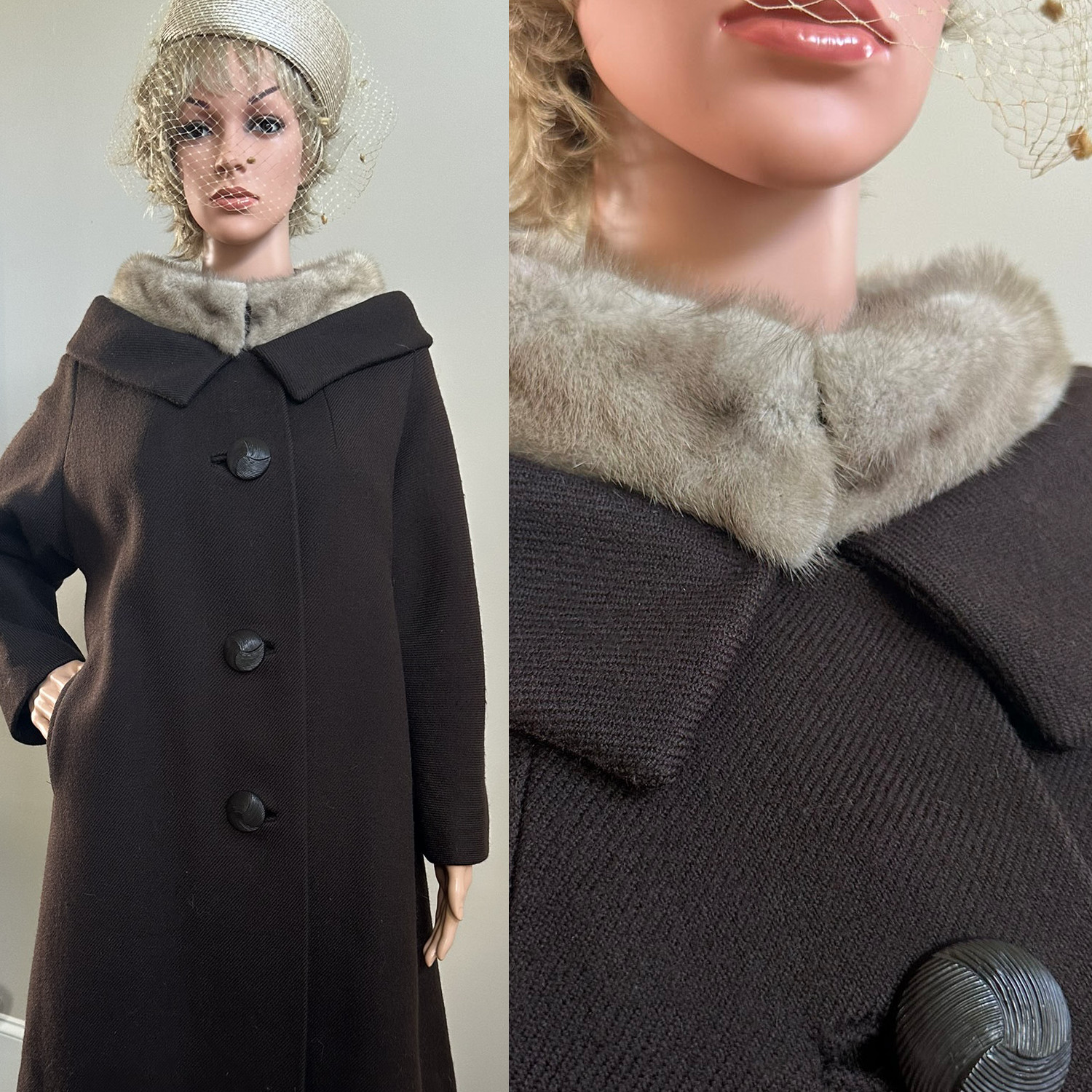 LA VOGUE ILGWU KENNIE Original Audrey Hepburn look brown wool coat fur collar L?