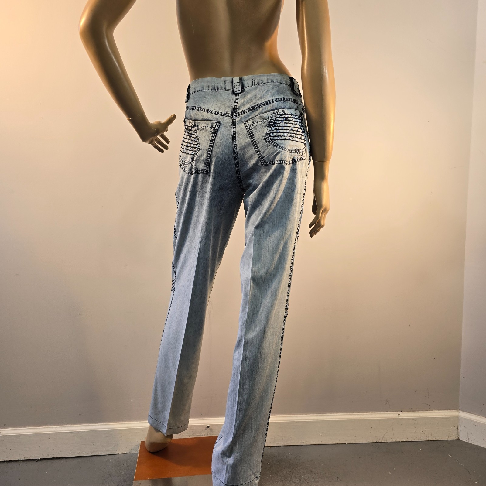 Duran Vintage 80s Acid Wash Pants Womens 28 x 31 Blue Chambray Beads Accents