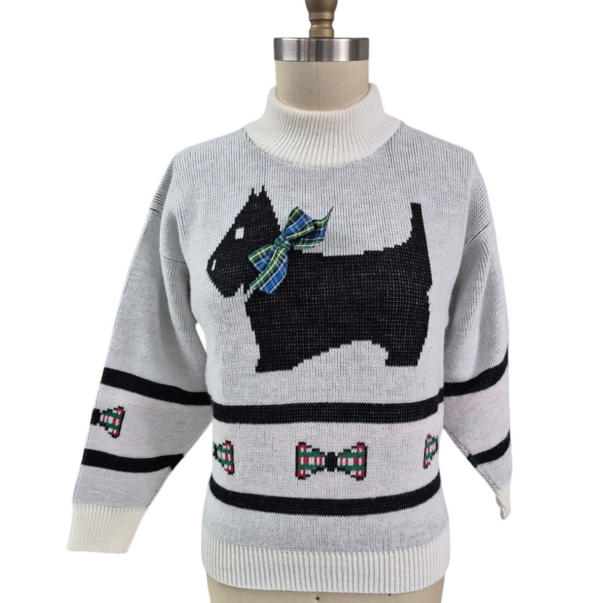 VTG 1990s Scotty Dog 3D Intarsia Sweater Tartan Bow Acrylic Embellished Sz M