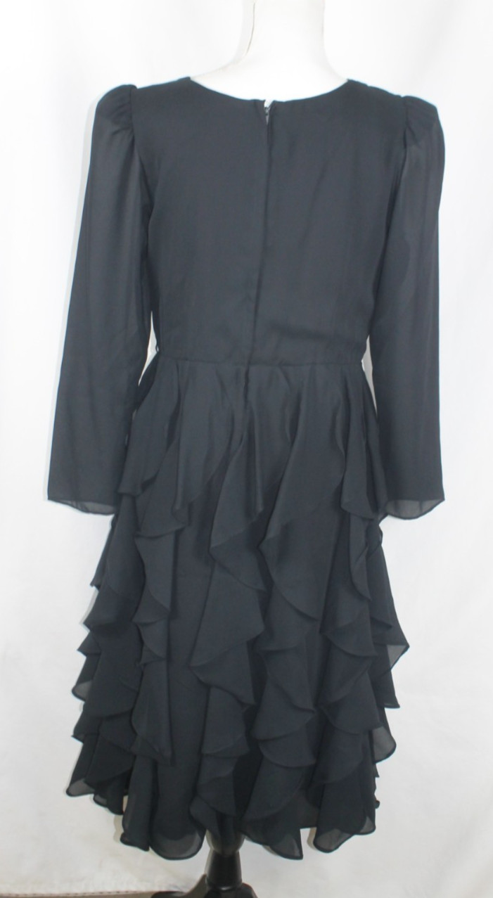 Claralura Originals Black Cocktail Dress 12 Midi Tiered Ruffles Gothic Wednesday