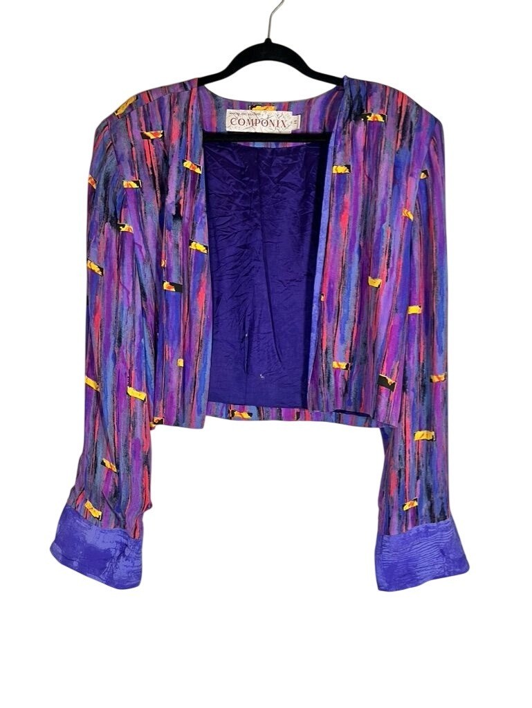 Vintage Colorful Crop Jacket Purple 14 Striped Indie Festival Boho Euro Chic 80s