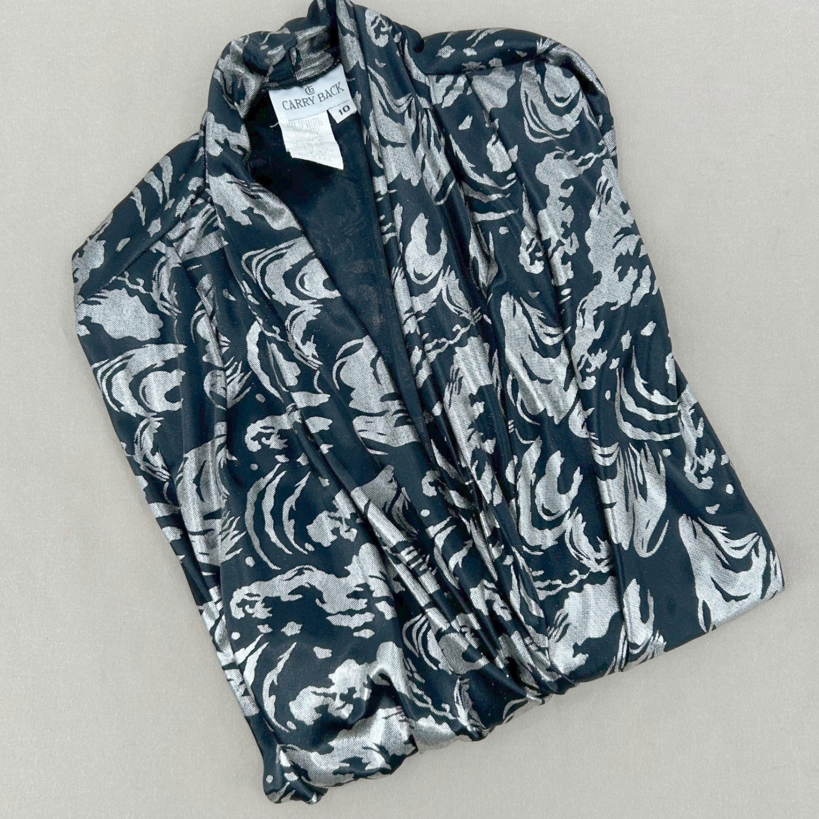 Carry Back Blouse Women 10 Black Silver Metallic Foil Abstract Vintage Glam Top