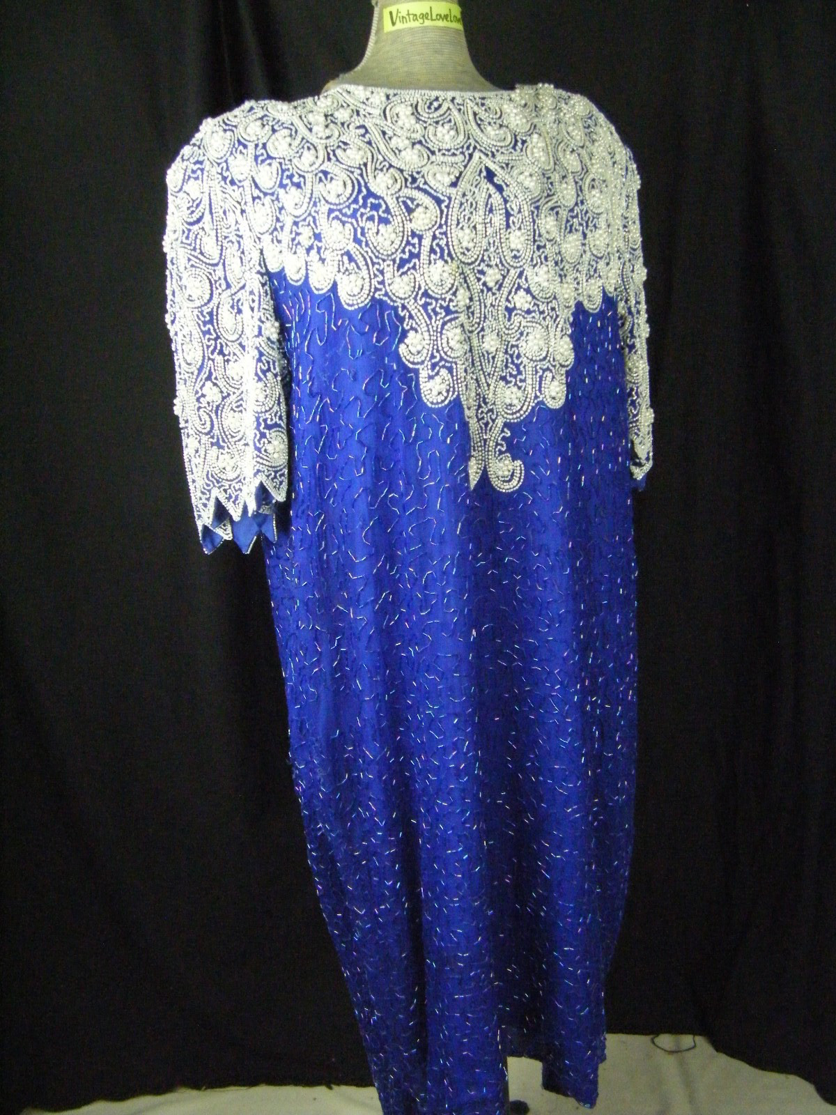 CARINA Vtg 80s Heavy Beaded Blue White Silk Plus SZ Party Dress-Bust 52/3X,AS-IS