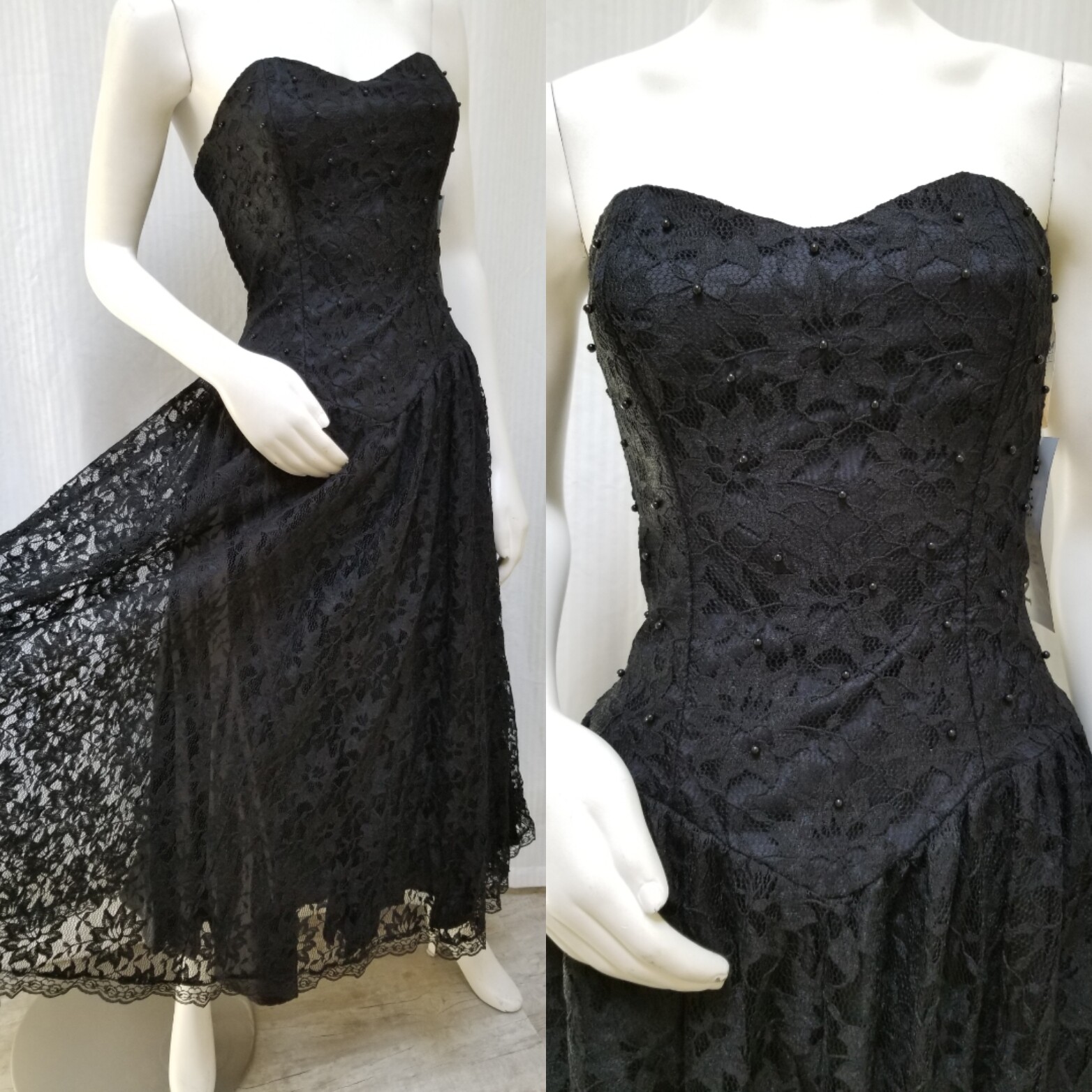 NWT Vintage POSITIVELY ELLYN Black Beaded Lace Strapless Sweetheart DRESS – S