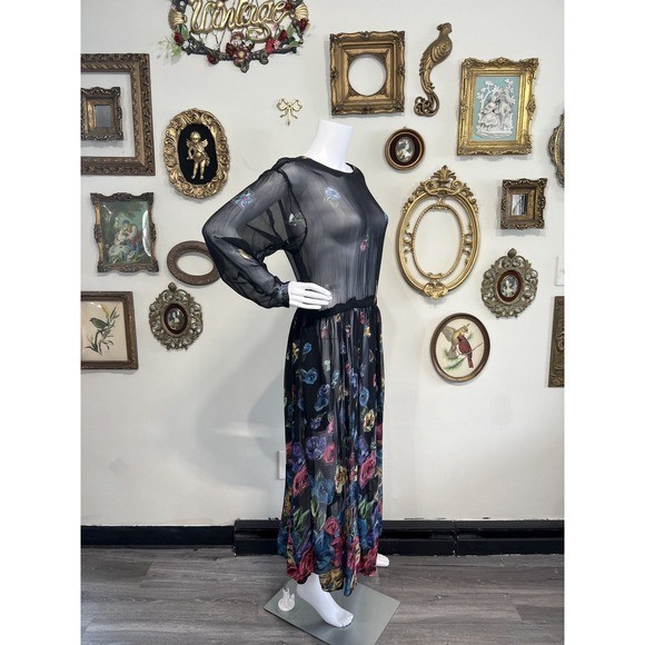 Together! Vintage Sheer Floral Long Sleeve Elastic Waist Maxi Dress Size 6 S
