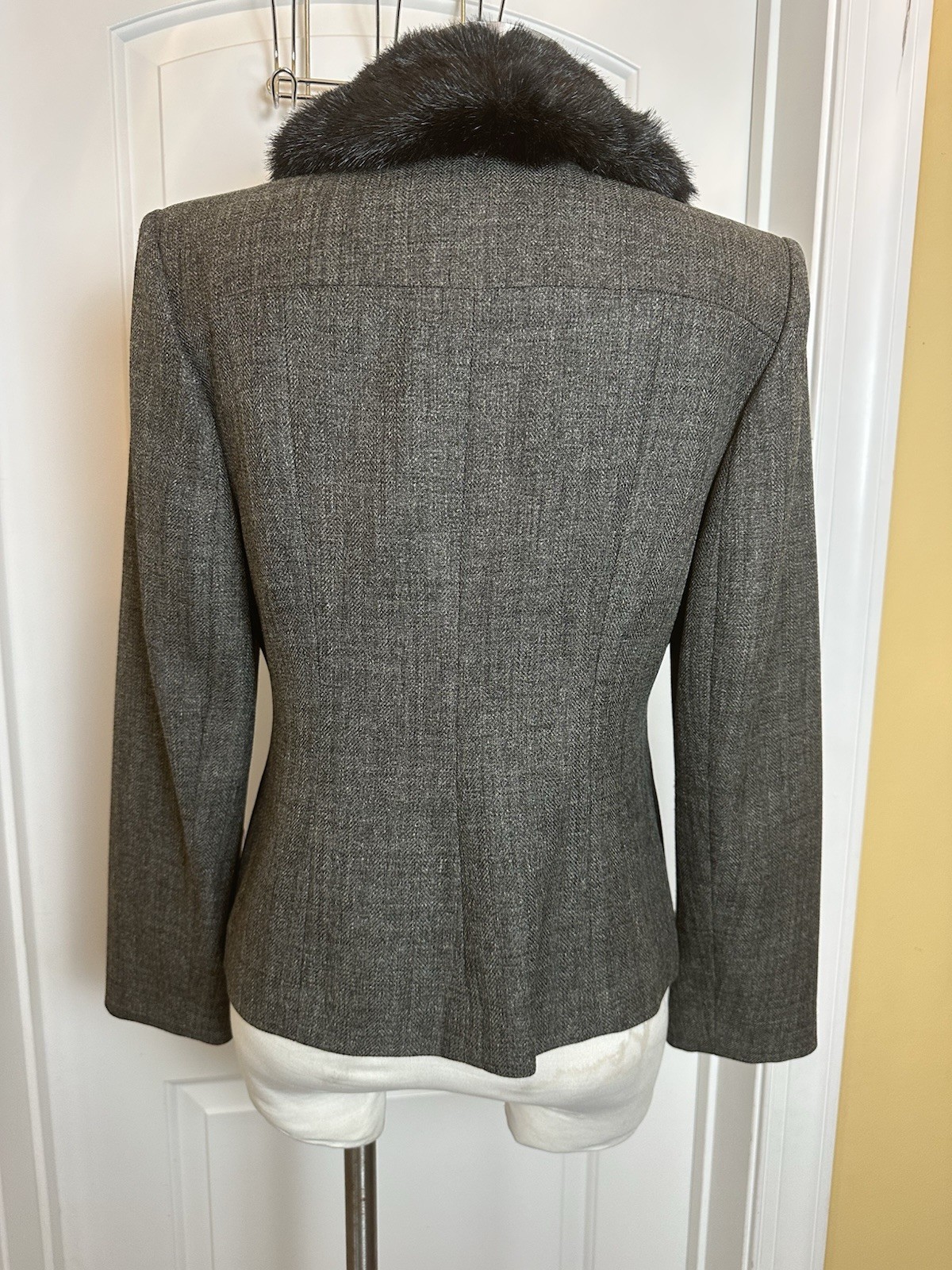 Vntg Amanda Smith Black Double Breasted Blazer Faux Fur Detachable Collar•Sz 8P