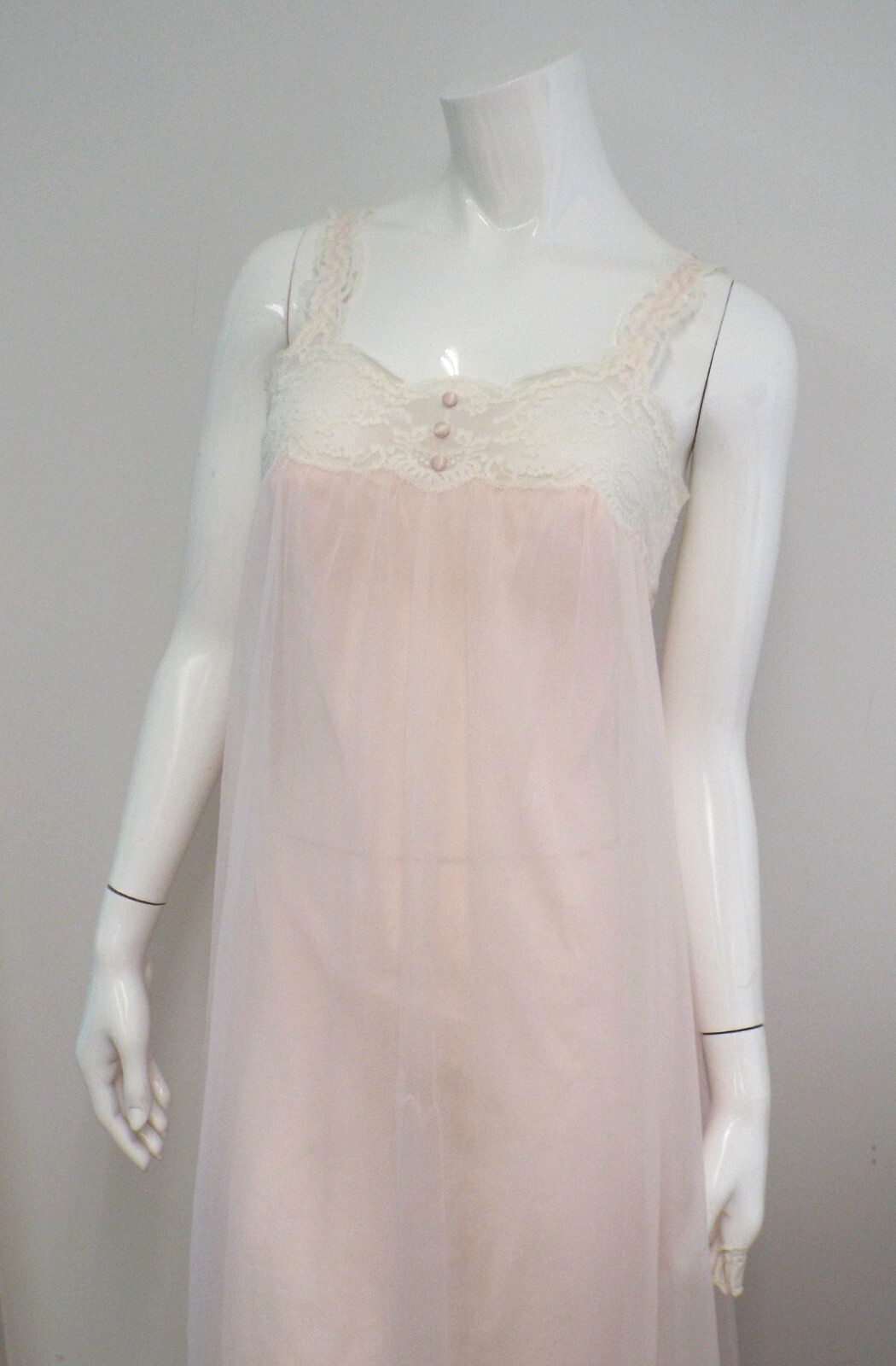 Vintage Warner Laros Nylon Double Layer Pink Sheer Night Gown 32 Bra Top Lace