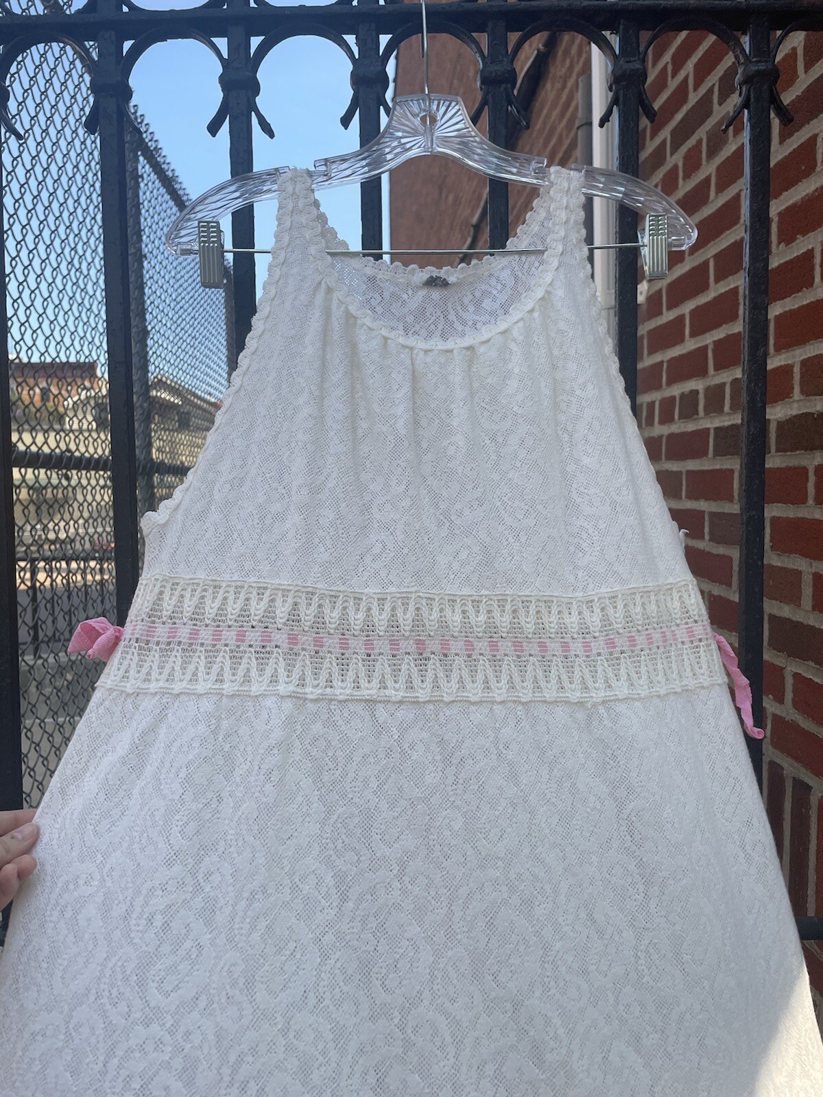 Vintage HANRO Switzerland Long Maxi White Paisley Lace Sheer Knit Bow Dress 44