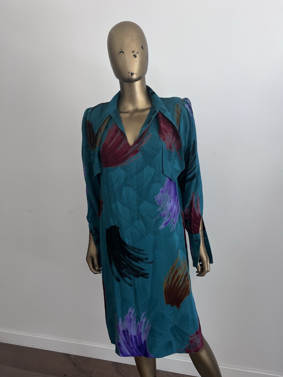 VTG 80s women’s turquoise silk secretary dress Andrea Odicini for Saks SZ 4/6 US