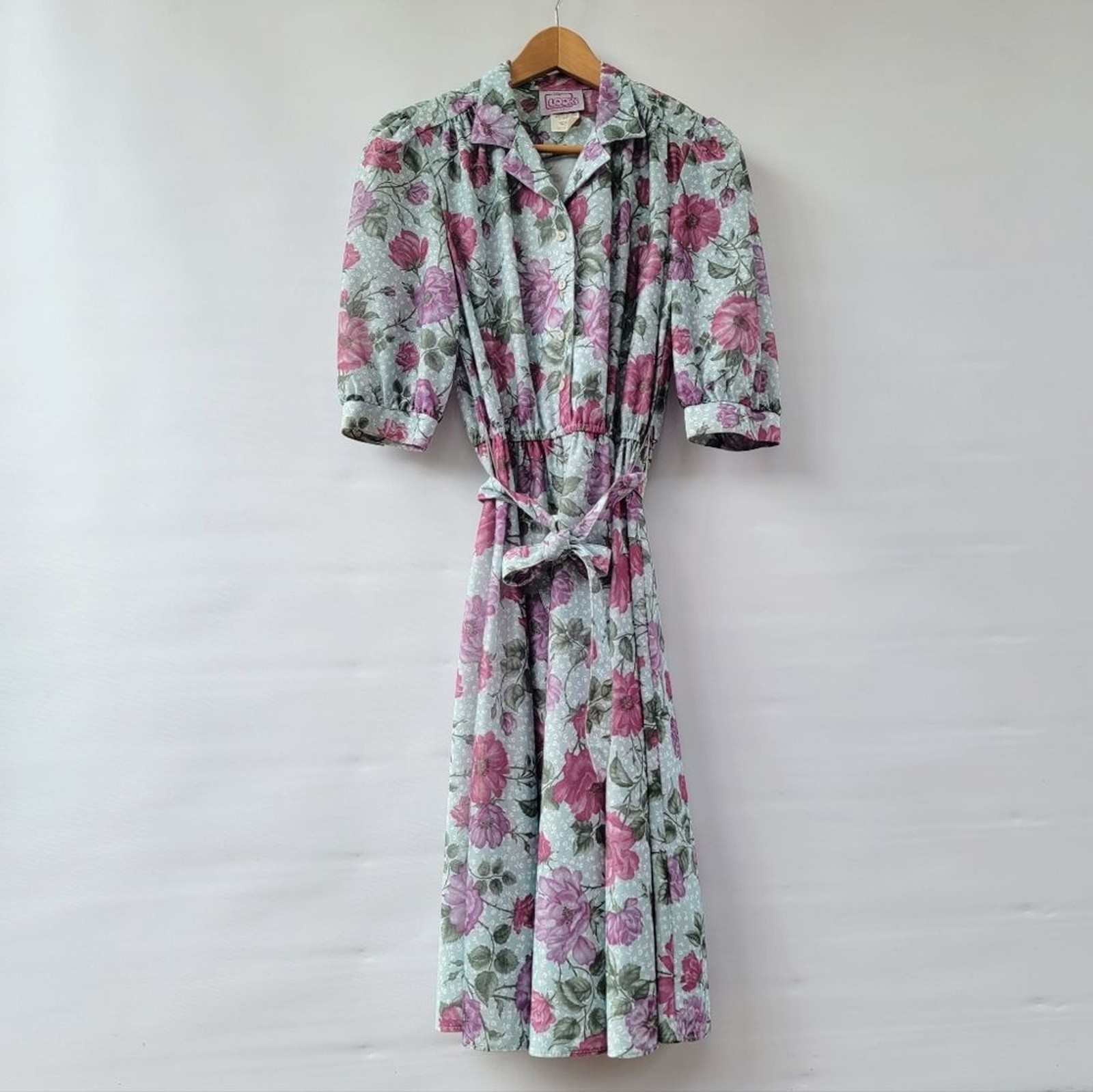 Vintage California Looks 70s Floral Shirt Dress Size Small Blue Pink House Dress