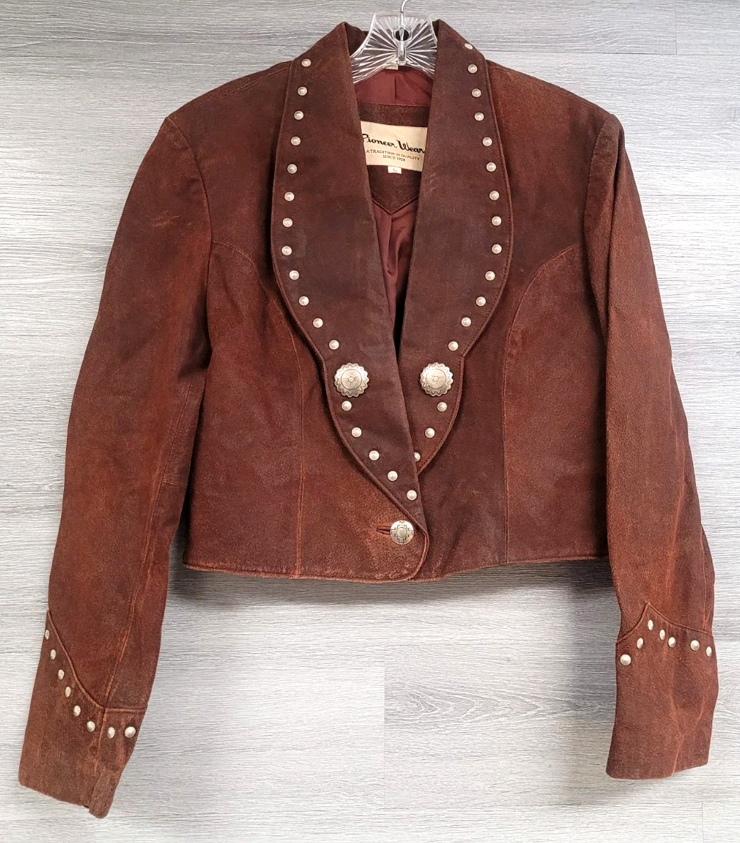 WOMENS PIONEER WEAR LEATHER JACKET BURNT ORANGE CROPPED WESTERN CONCHO LARGE