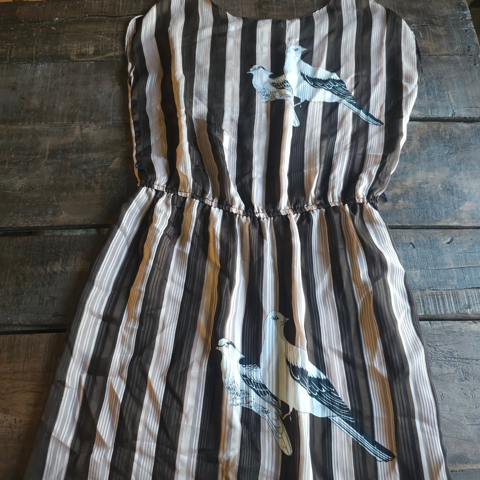 Vintage 70s Charline Striped Bird Floral Midi Dress Pink Brown Cream Dove Sheer