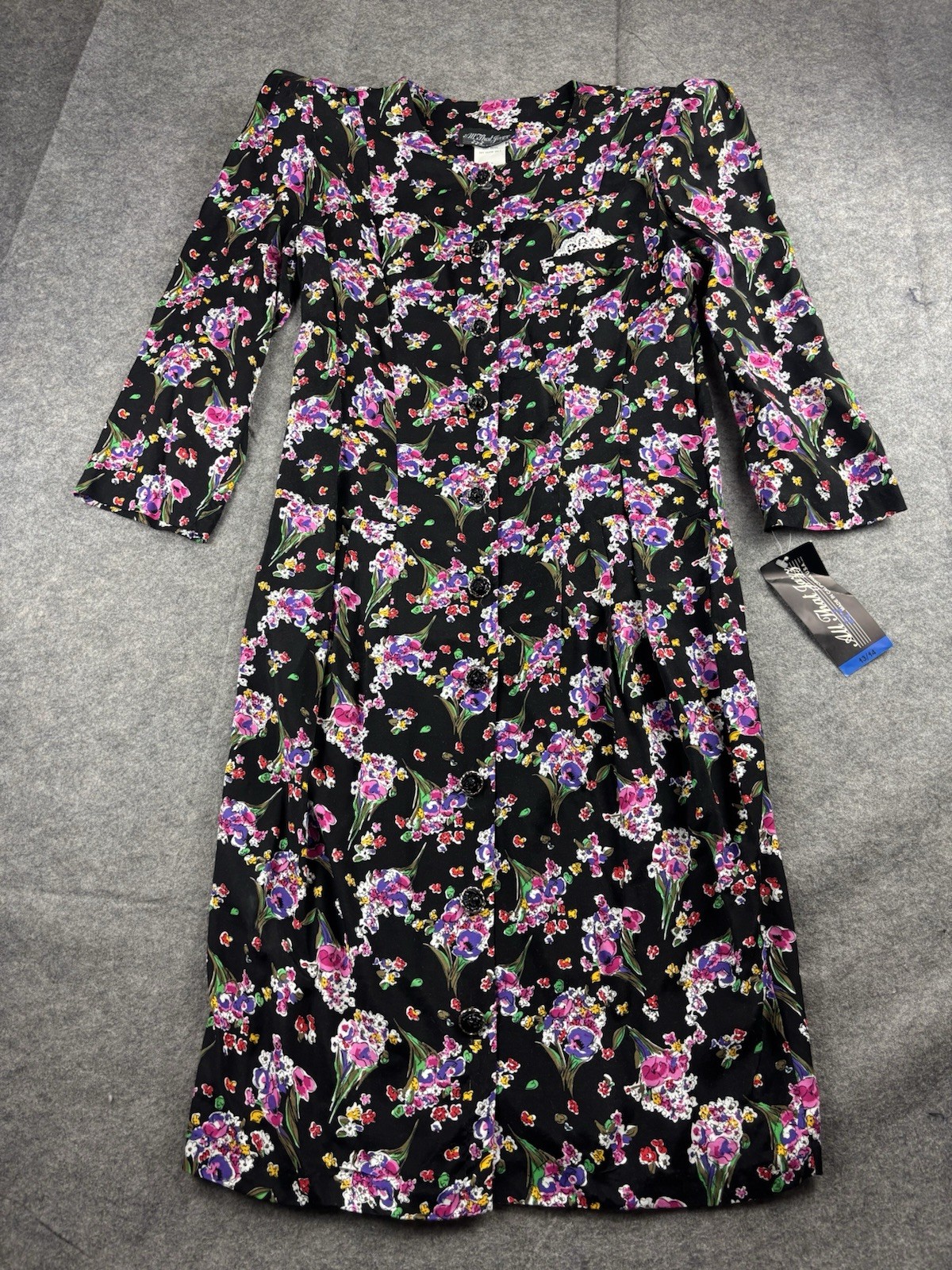 VTG 90s Women’s 13/14 Button Front Floral Midi Dress Shoulder Pads Career Preppy