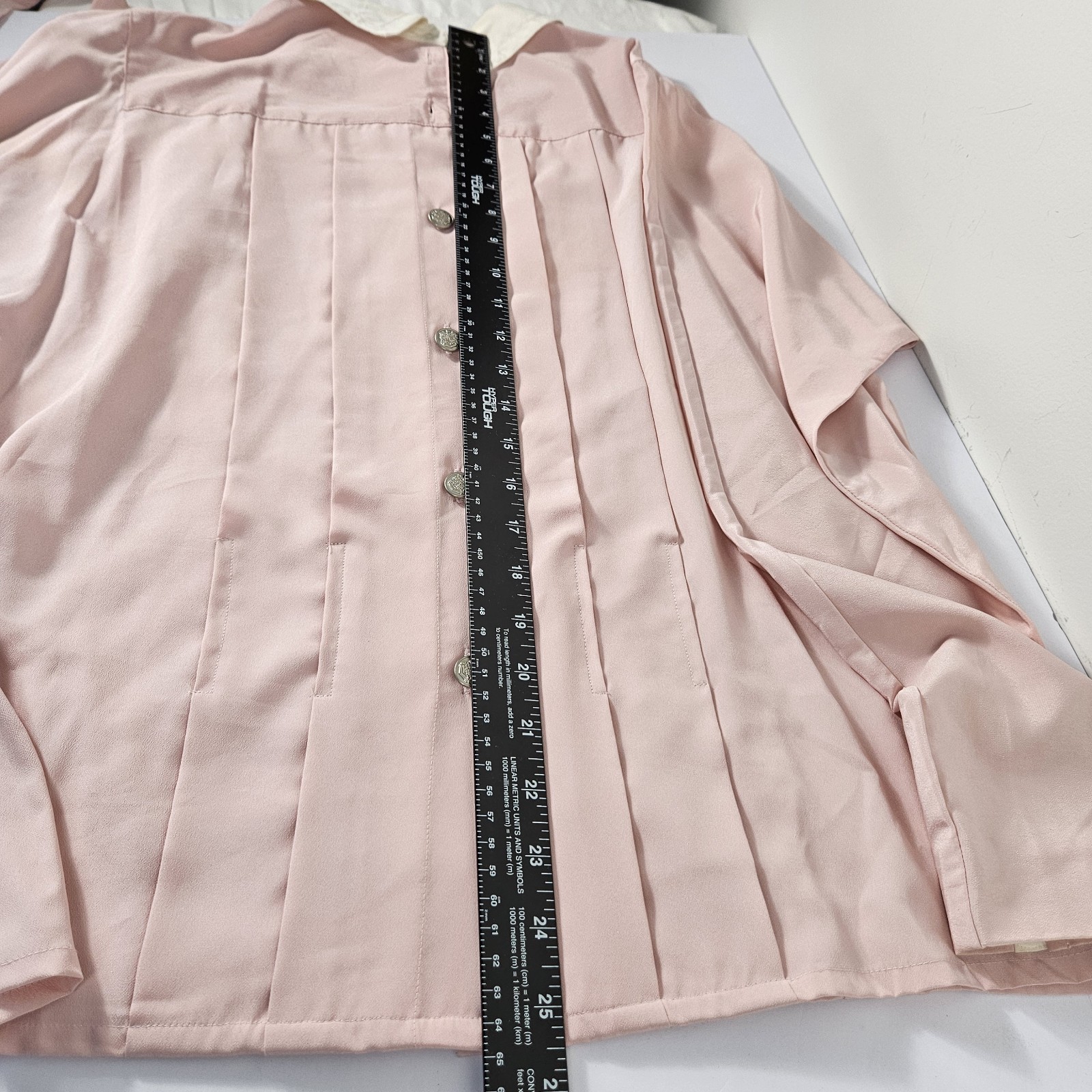 Vtg 80s Pleated Front BUTTON Down Back Bow Tie Pink Chaus Long Sleeve Blouse 14