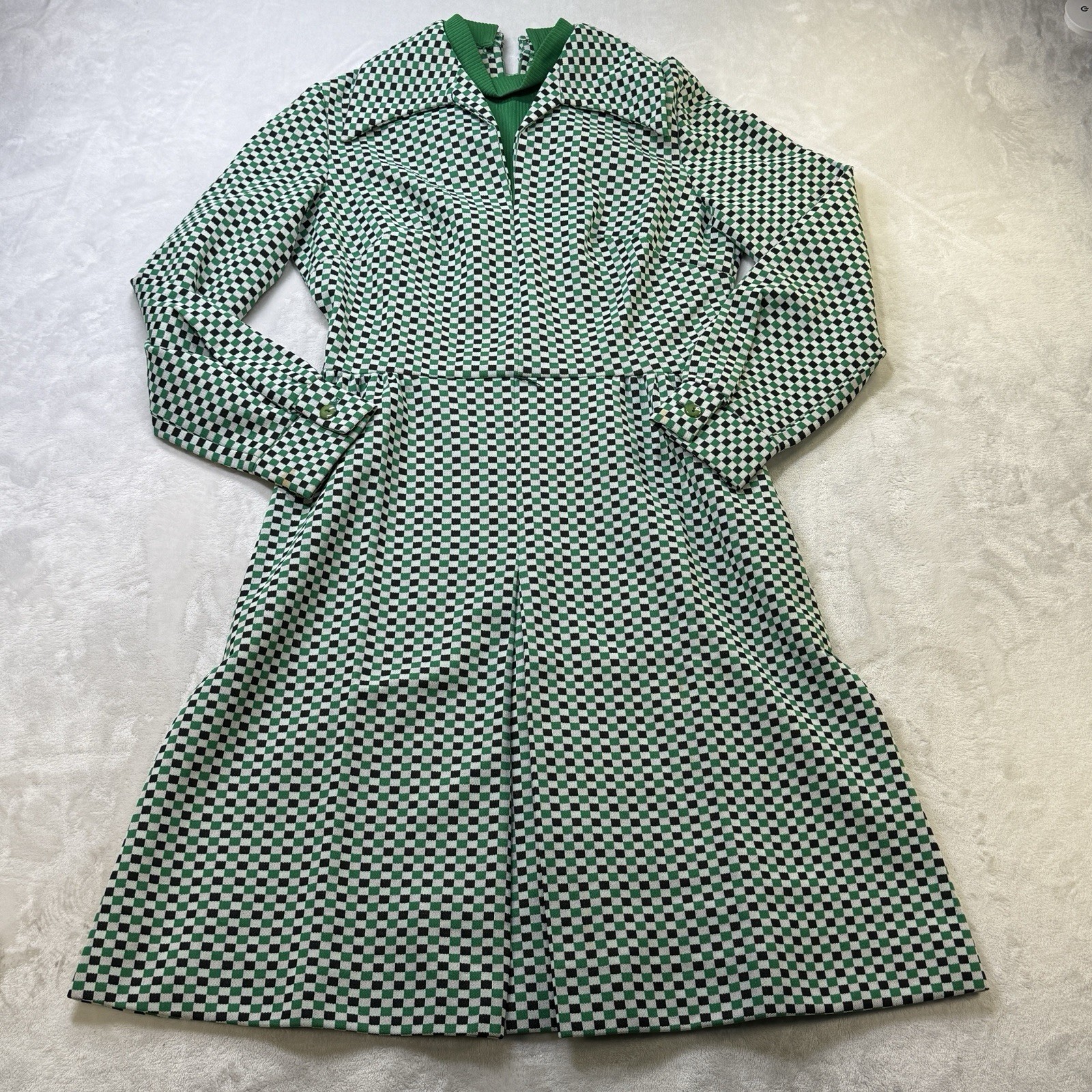 Vintage 70s Checkerboard Midi Dress Green Black Mod Disco Retro Boho