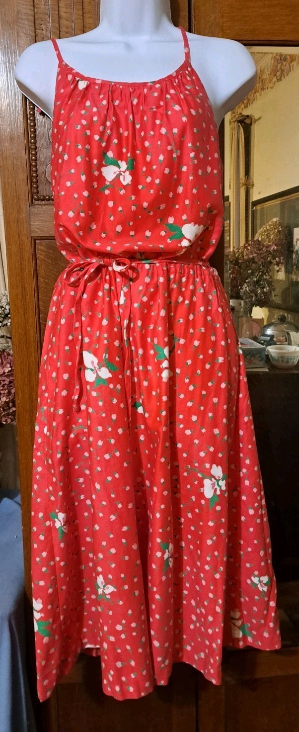 Vtg 1960s Malia Honolulu Hawaiian Mod Tennis Tie Midi Dress Pink Floral Med 10