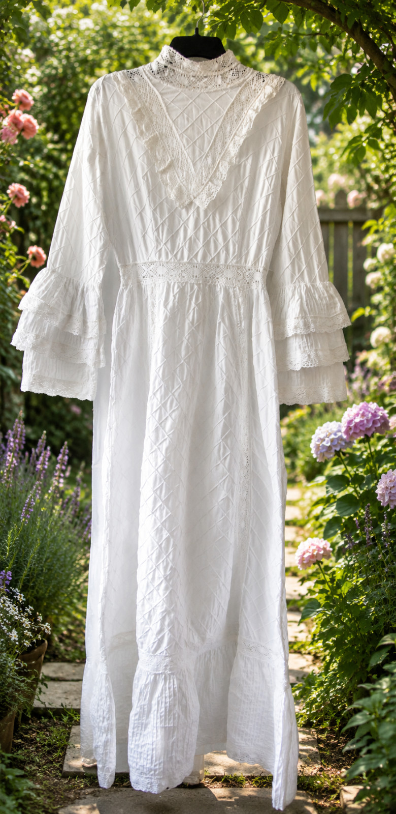 Vtg 60s 70s White Mexican Wedding Maxi Dress Bell Sleeves Cotton Crochet S/M
