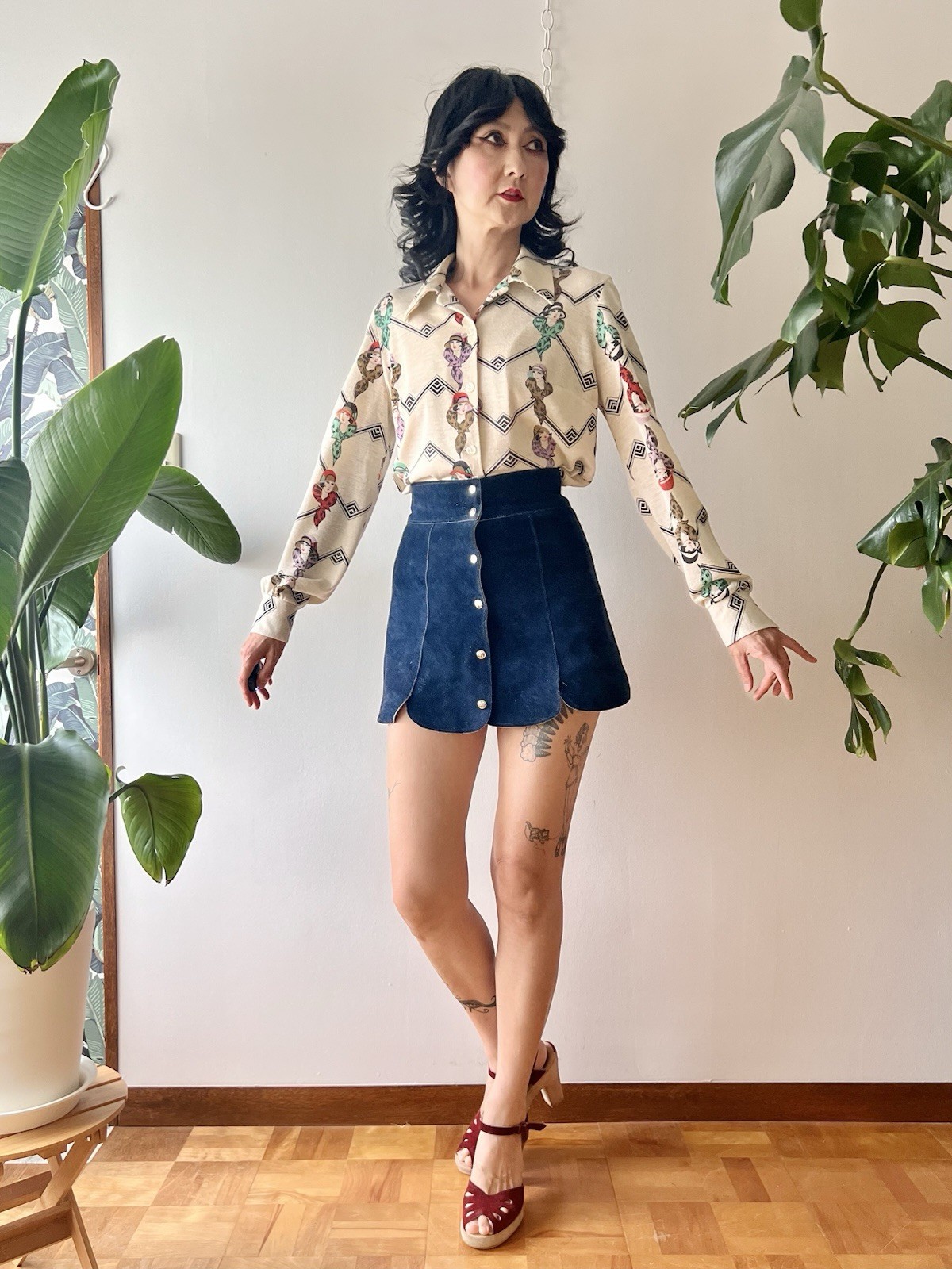 70s Art Deco Lady Face Portrait Novelty Print Blouse Geometric Button Up Shirt