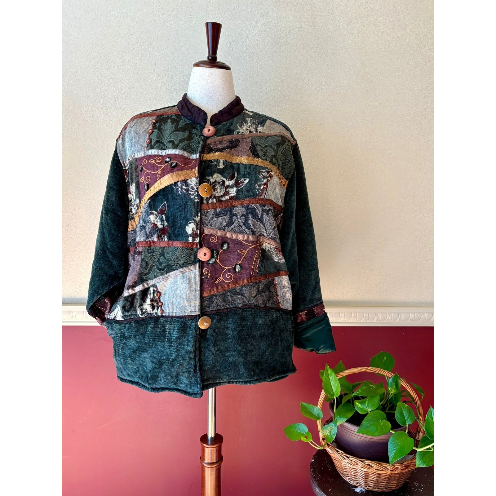 Vintage 90s Timbuktu Station Patchwork Tapestry Jacket Green Embroidered Size L