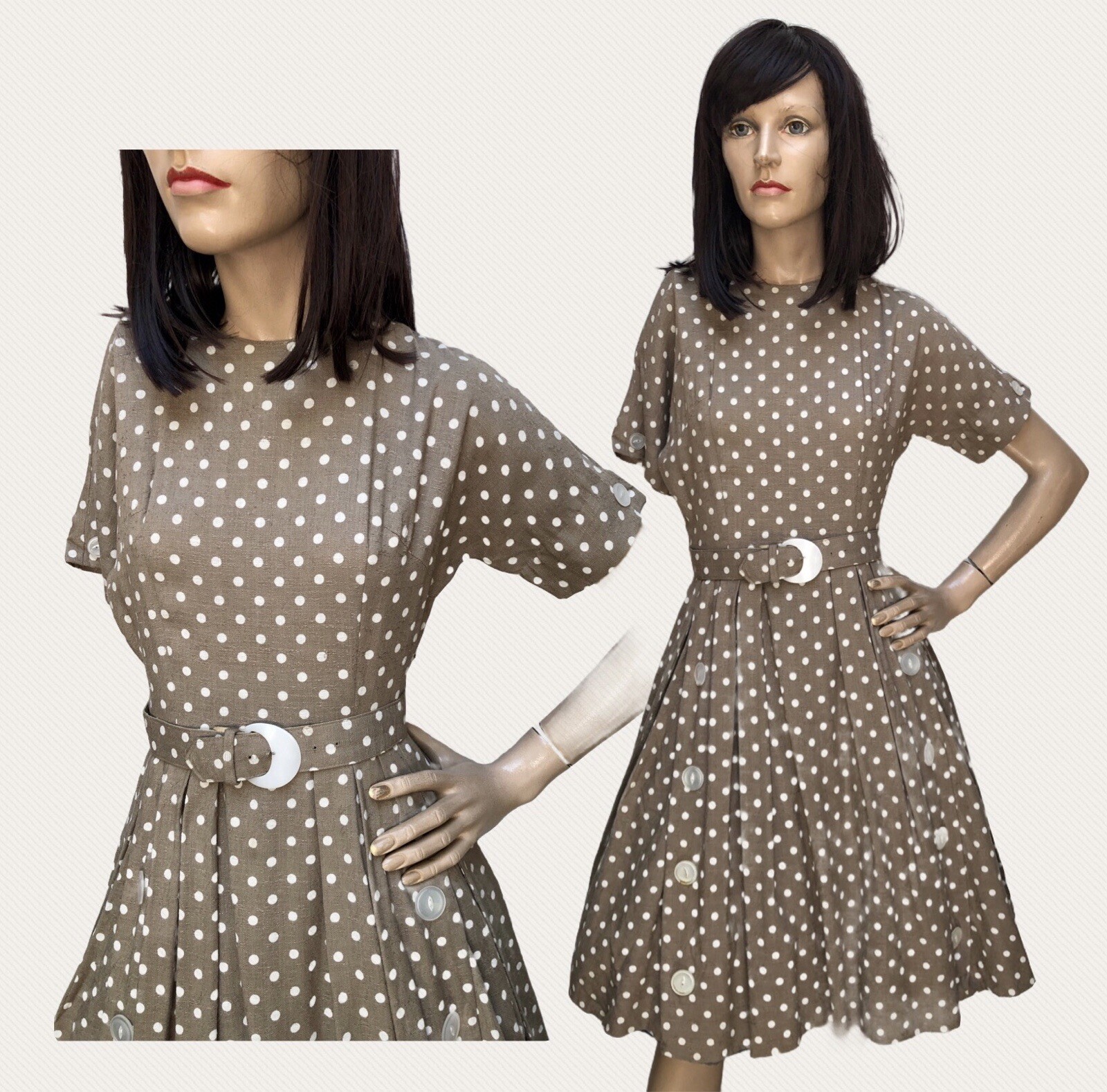VTG 40s-50s “Lora Lenox” Slubbed Linen POLKA DOT Shirtwaist Rockabilly Dress XXS