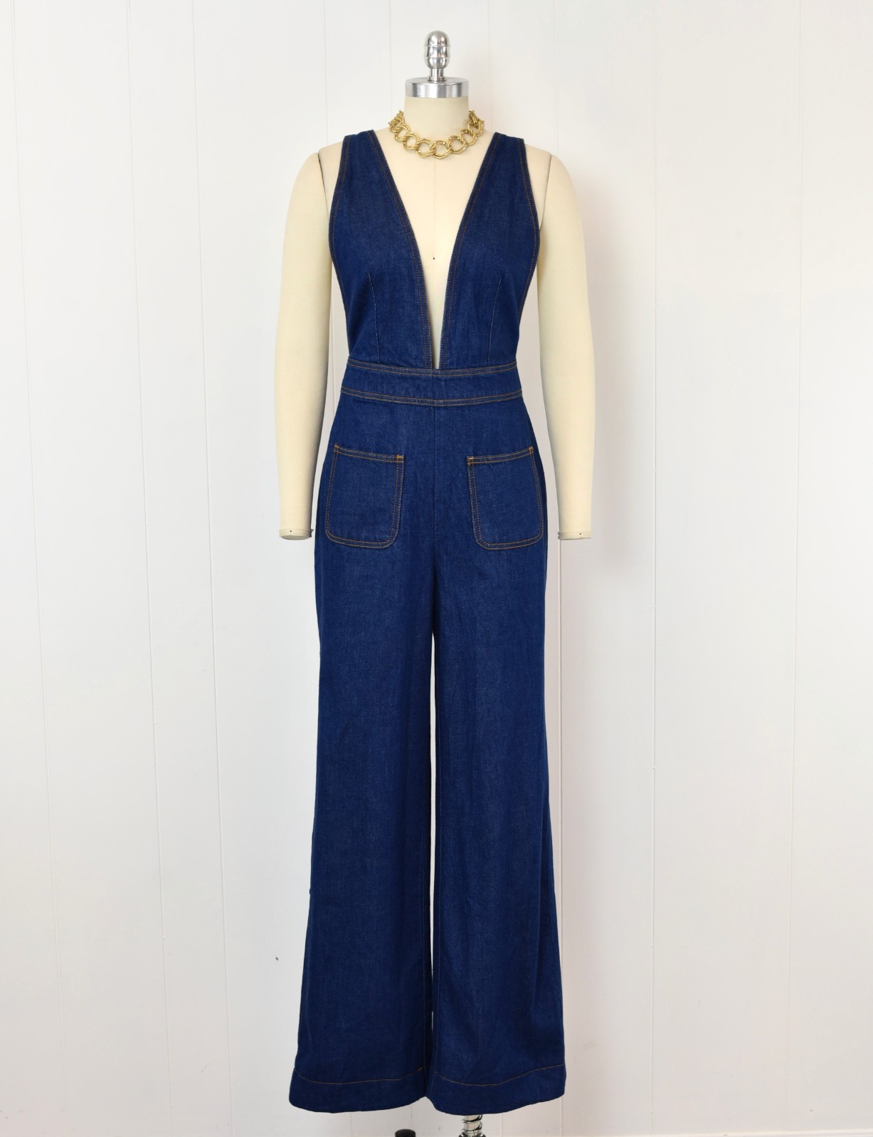 Vintage 1970s Blue Denim Jean Plunging Neckline Wide Leg Bell Bottom Jumpsuit