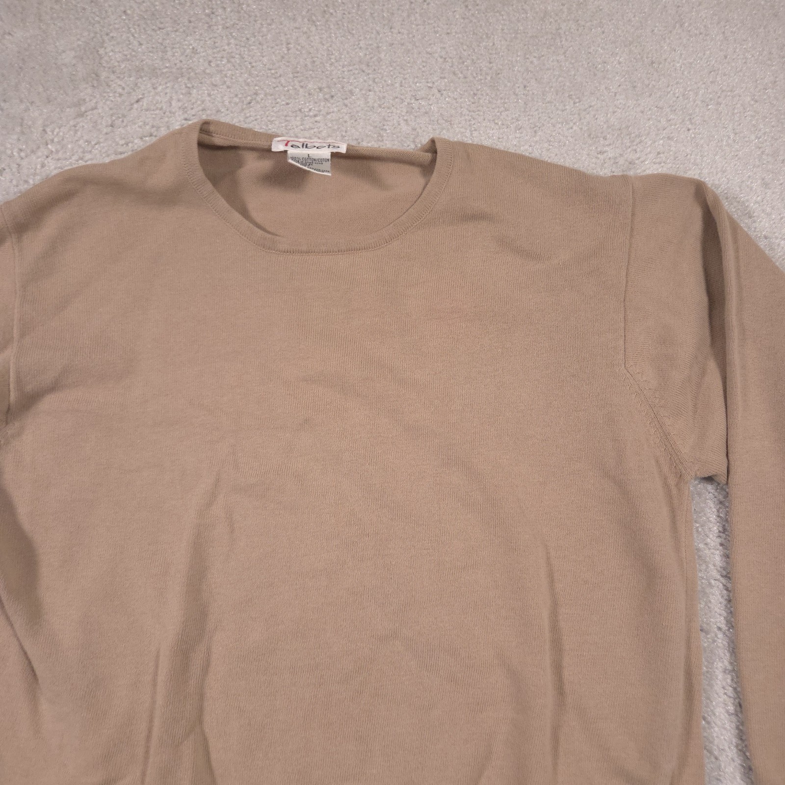 VTG Talbots Sweater Womens Large Beige Cotton Knit Preppy 90s Round Neck