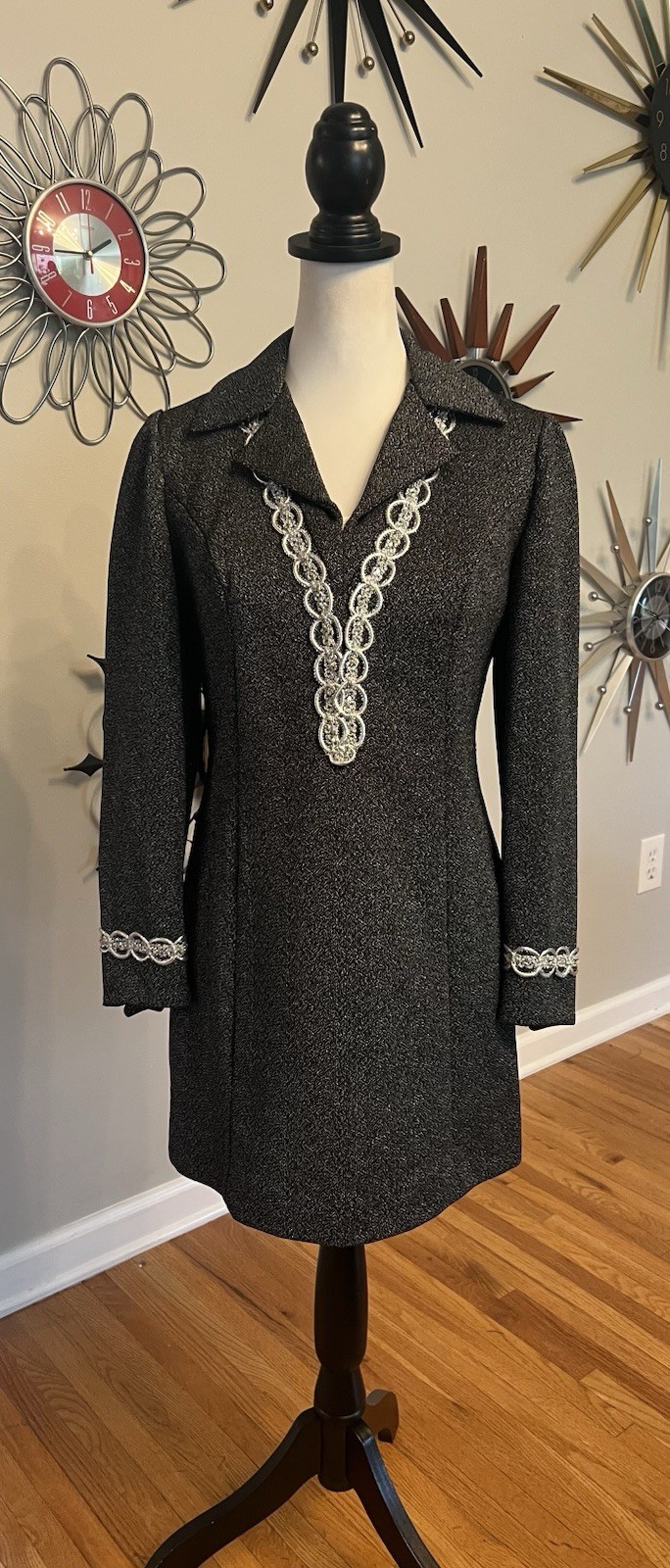 VTG 1960s Dress Mod Go-Go Black Metallic Braided Silver Trim Beaded Shiny Mini