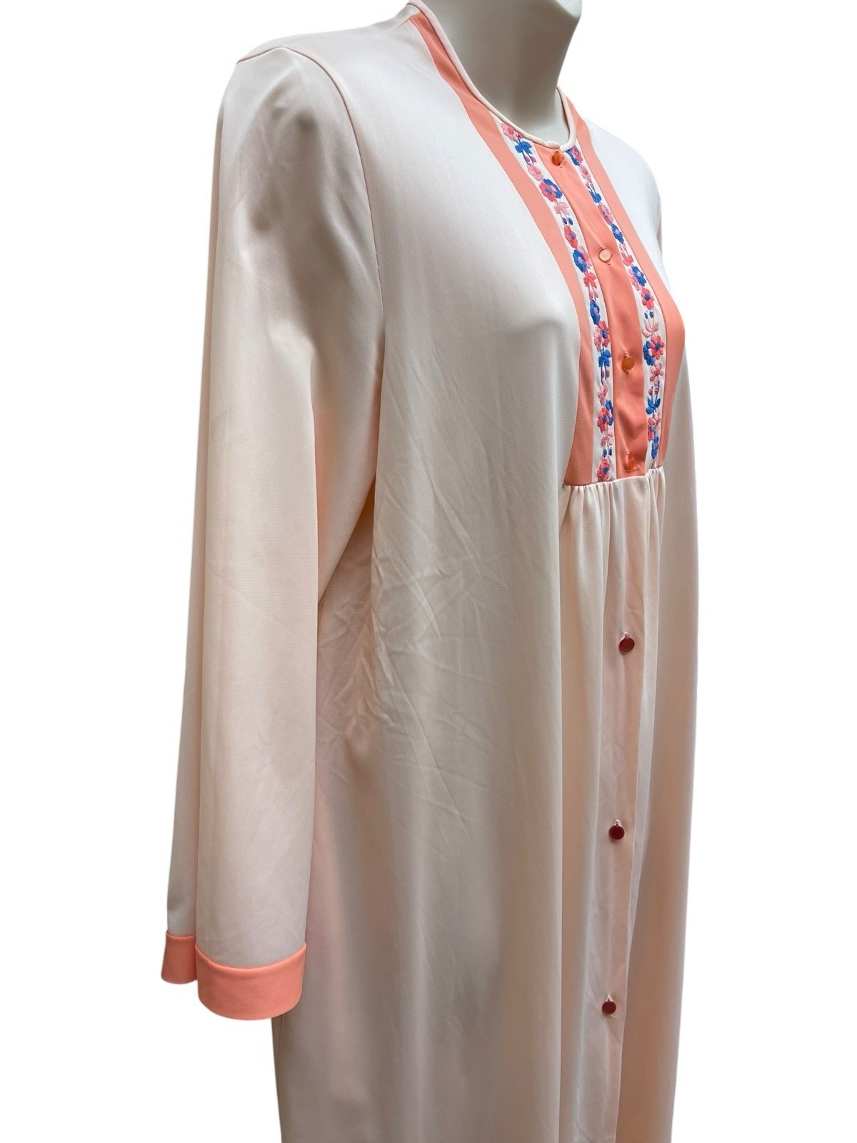 Vintage 70s 80s Lorraine Button Front Housecoat Robe Nightgown Large Peach Nylon