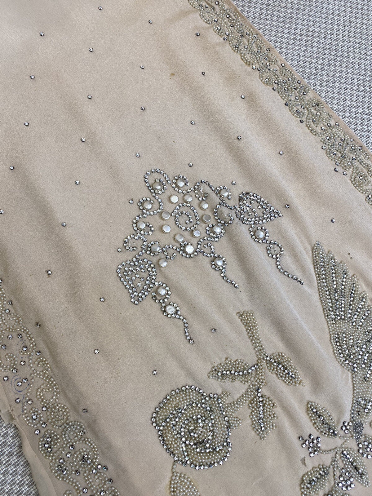 Real Antique 1920s Flapper Wedding Gown Train Headpiece Pearls Rhinestones