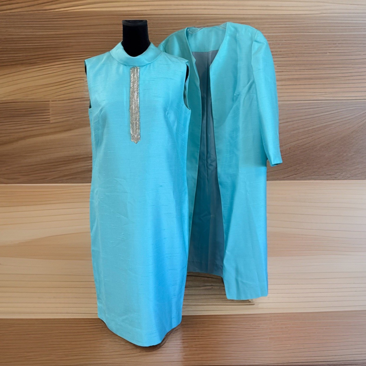 Fabulous 1960s Vintage Silk Teal Blue Dress & Jacket Set Mod Jackie Retro *READ*