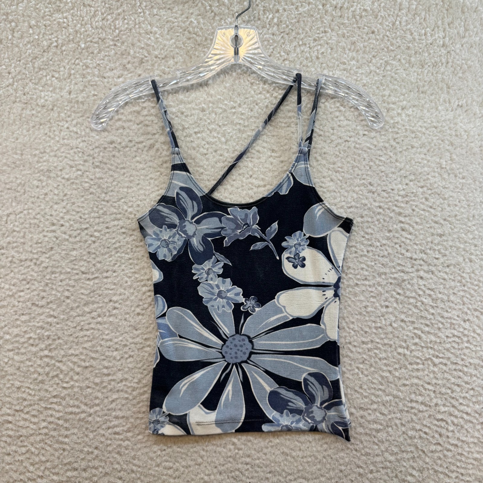 90s Y2K Vintage Camisole Tank Top XS Small Blue Floral Slinky Stretch Asymmetric