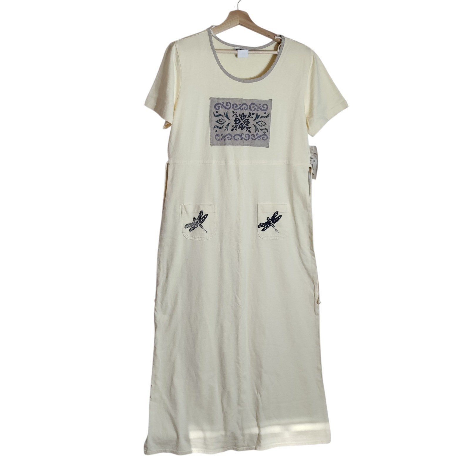Nina Piccalino Vintage Cream Cotton Dragonfly Maxi Dress Size 10 Made in USA