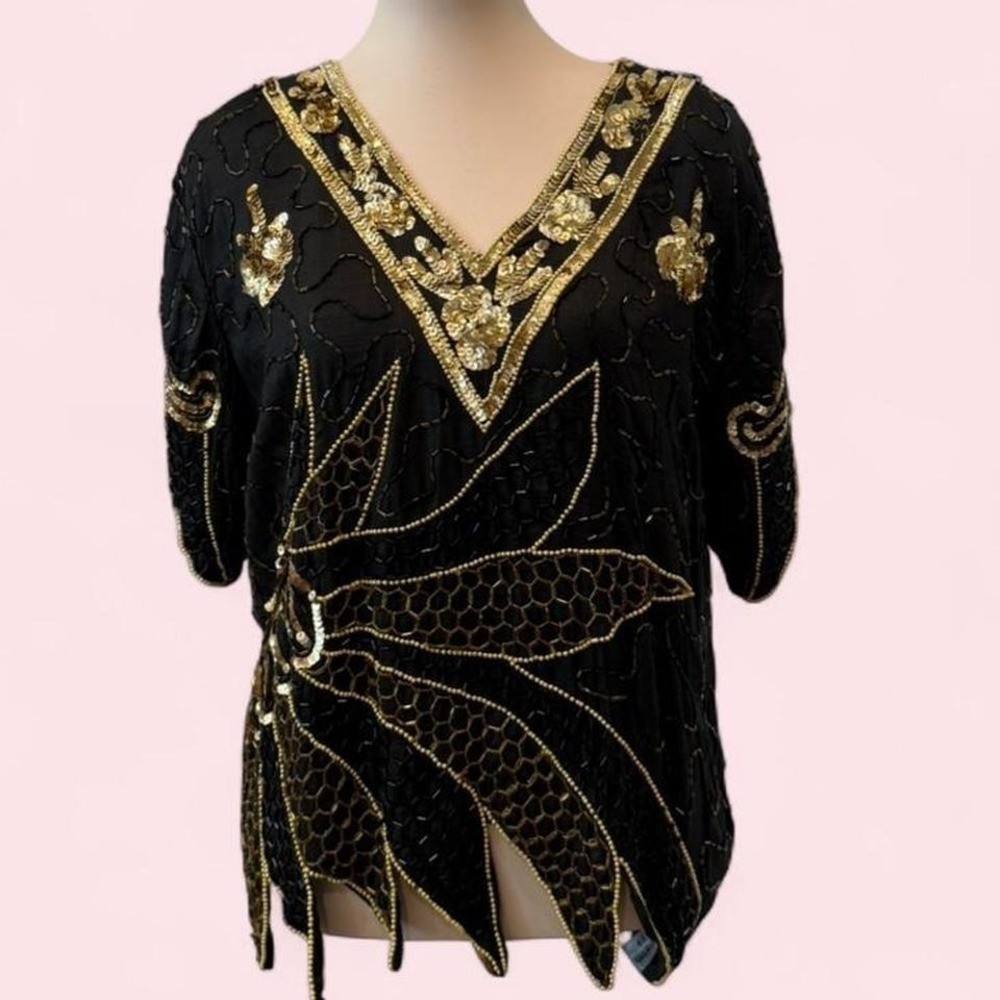 Vintage SND Black & Gold Heavily Beaded Sequin Top V-Neck Handkerchief Hem M