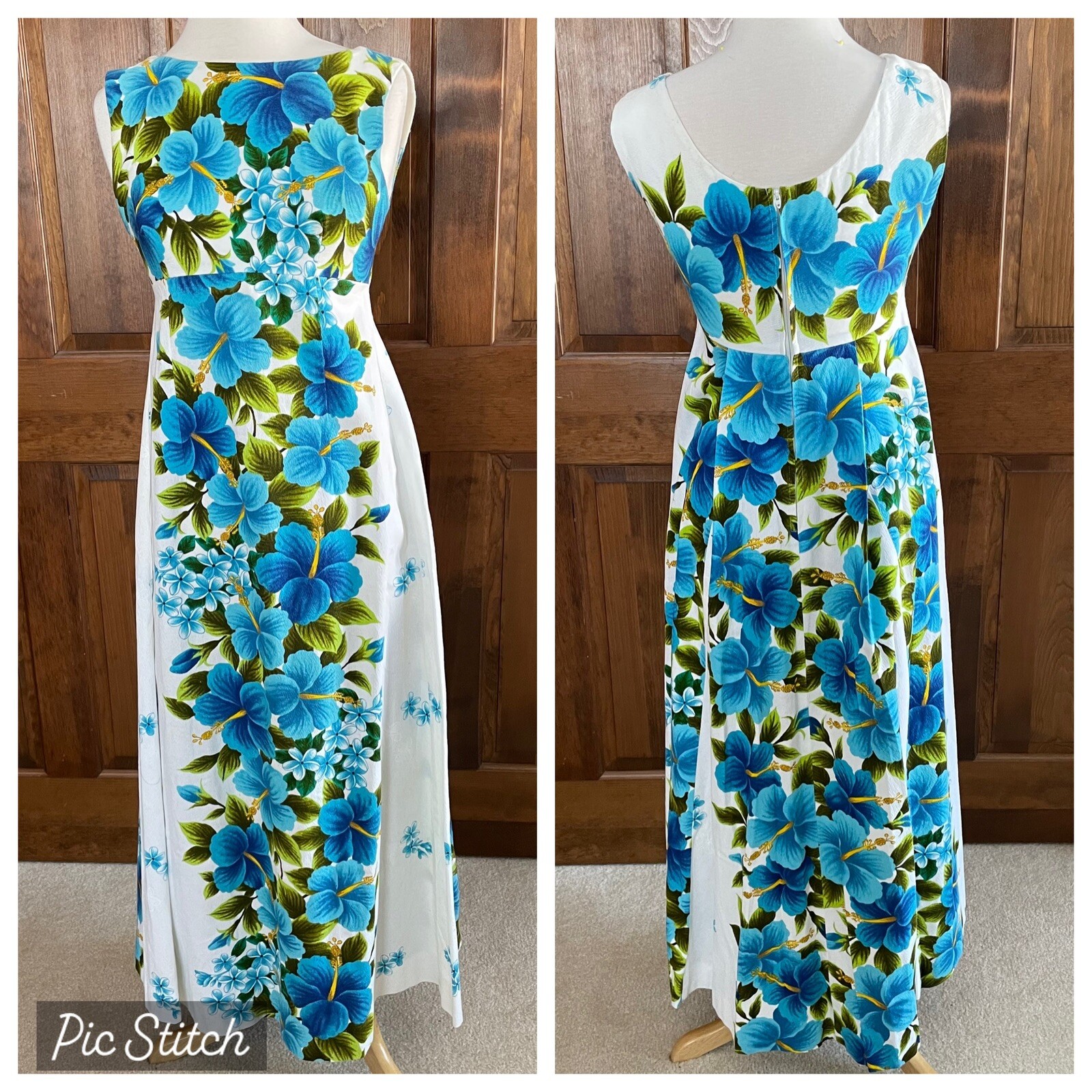 Vtg 70s Hawaiian Ui-Maikai Barkcloth Cotton Maxi Dress Blue Hibiscus S? READ