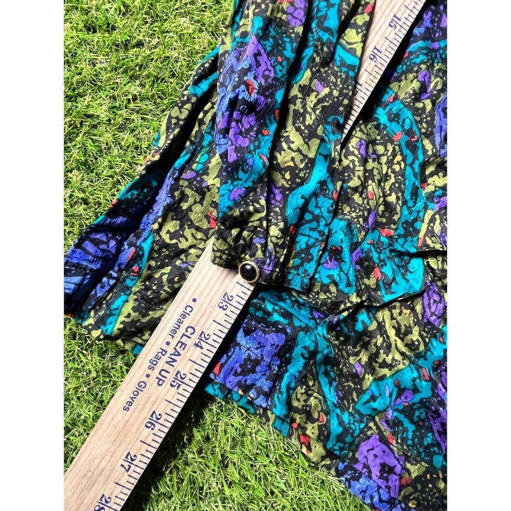 Abiana Vintage 100% Silk Abstract Paisley Blouse Purple Teal Green Size 38