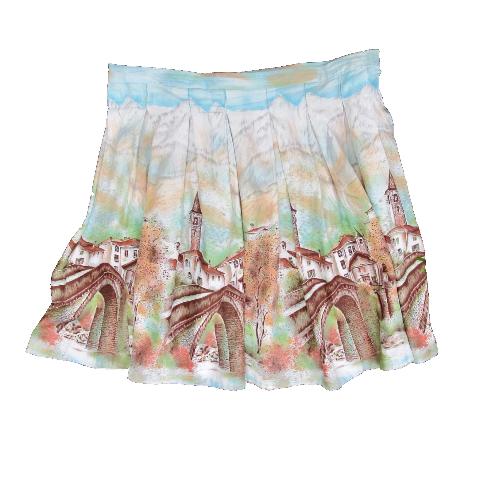 SALE vintage 1950s novelty scenic border print skirt volup, 44″ waist, Alpine