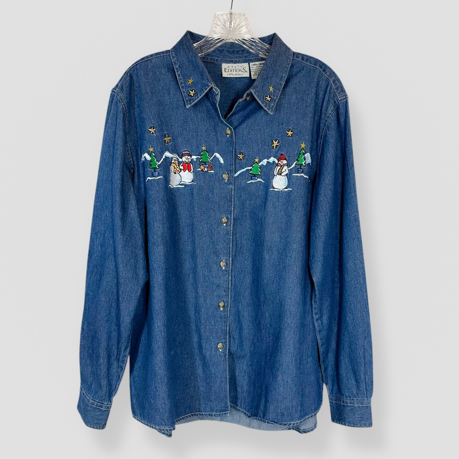 VTG Basic Editions Size Large Embroidered Denim Shirt Holiday Snowman Christmas