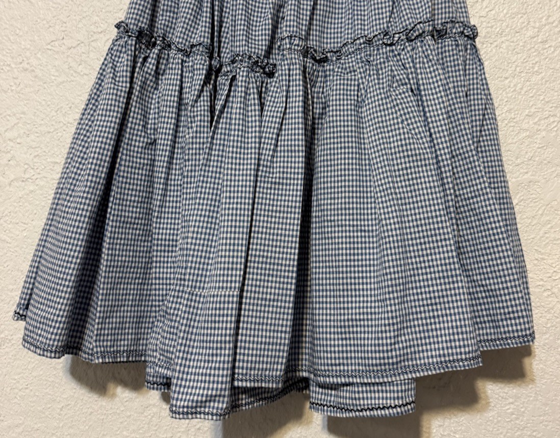 Vintage 70s Hand Crafted Blue Gingham Cotton Tiered Midi Boho Skirt 22” W, 25” L