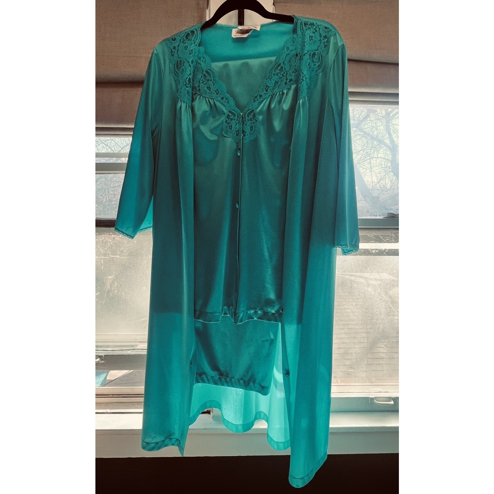 VTG ~ Vanity Fair 3 Piece Set~ ROBE &Pajama Top & Pants Teal & Lace SIZE M