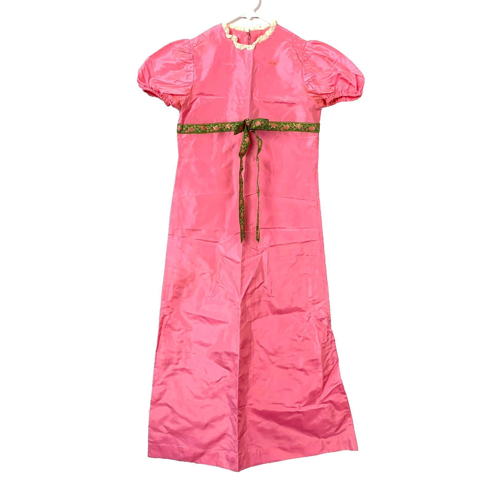 Vintage 60s Pink Sateen Long Short Sleeve Empire Waist Dress Chest 32″ STAINS