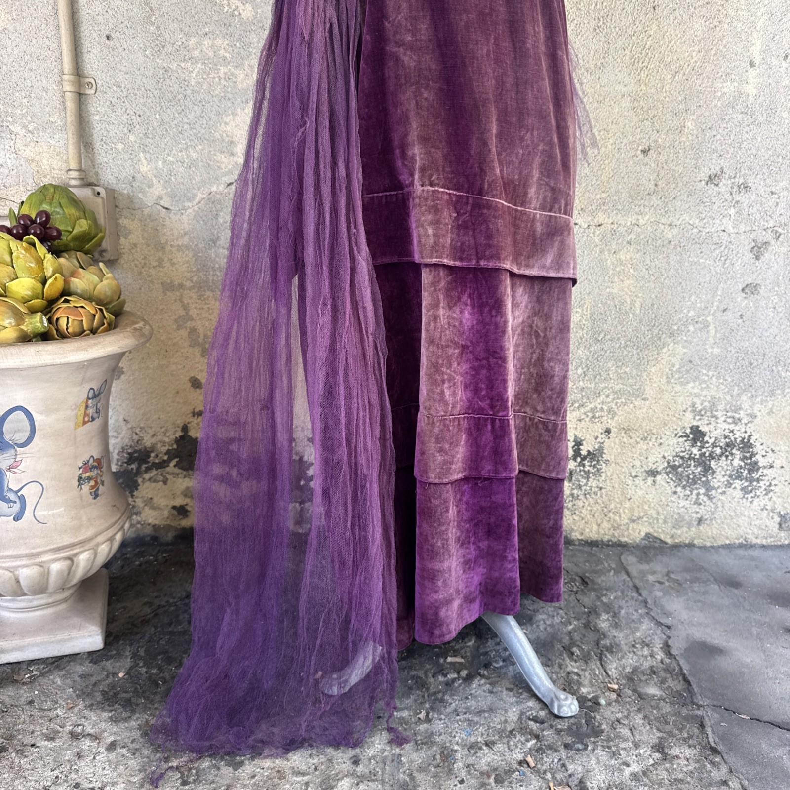 Antique Teens 1920s Purple Silk Velvet Gown Silver Lamé Flowers Dress Vintage