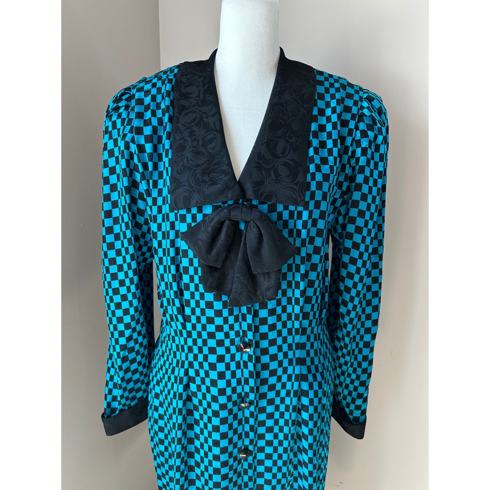 Adrianna Papell 80s 90s Silk Checkerboard Dress Teal Black Bow Vintage Size 14
