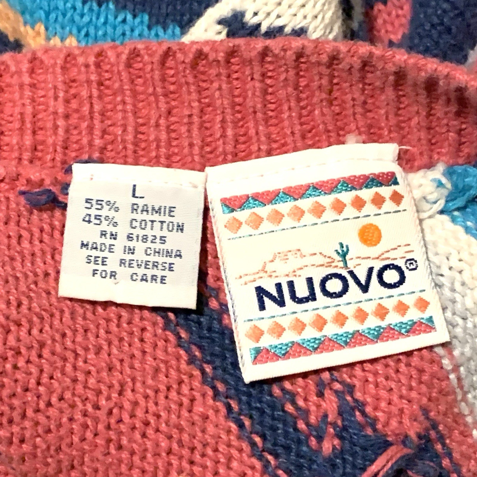 Vintage 80s Nuovo Womens Cropped Sweater Aztec Southwestern Large Ramie/Cotton