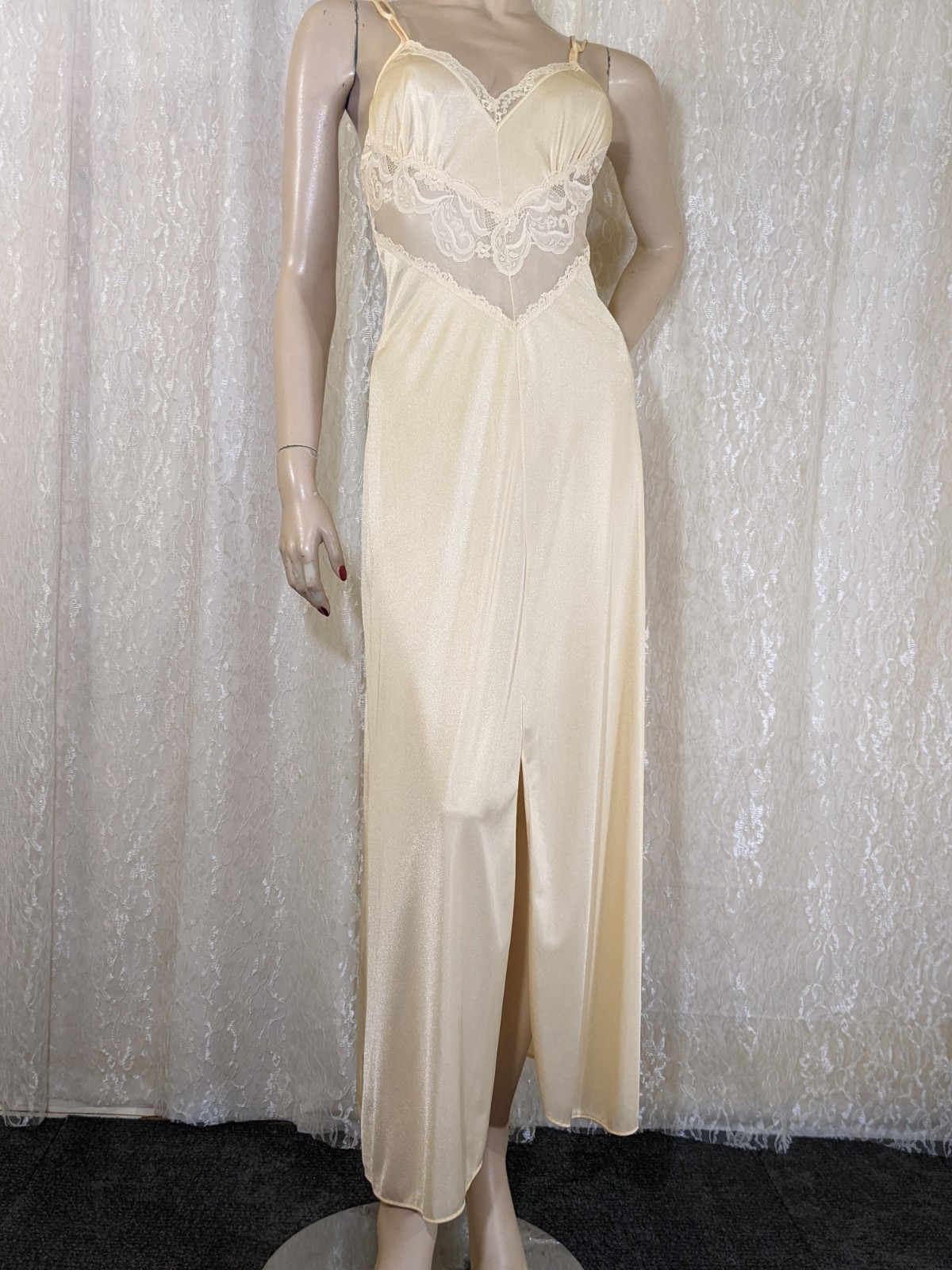 VTG Sparkling Nylon Double Straps Lace Lingerie Slit Open Slip Dress Nightgown S