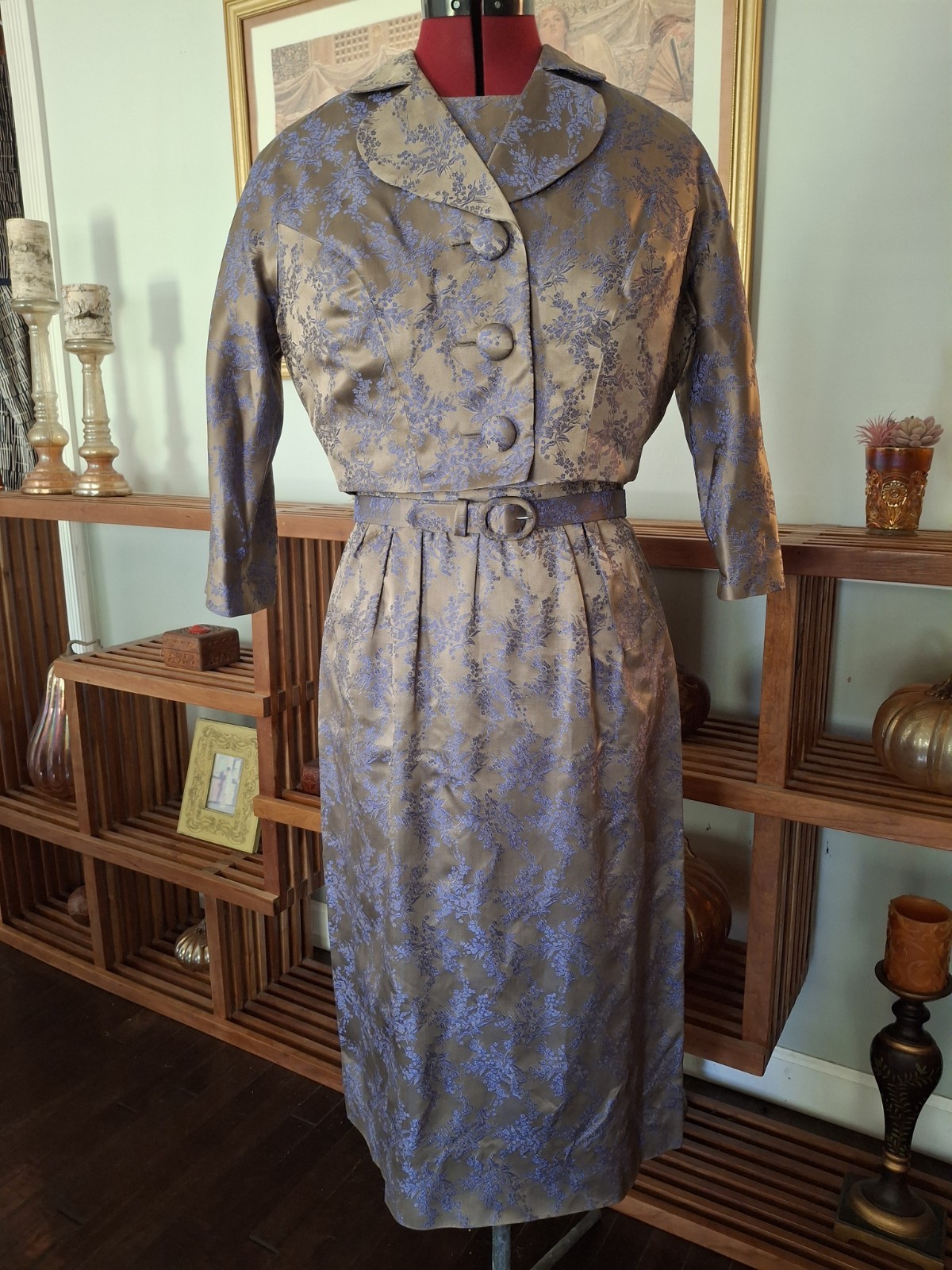 Vintage Handmade Wiggle Dress W/ Jacket Lavender And Shimmery Beige Jacquard XS