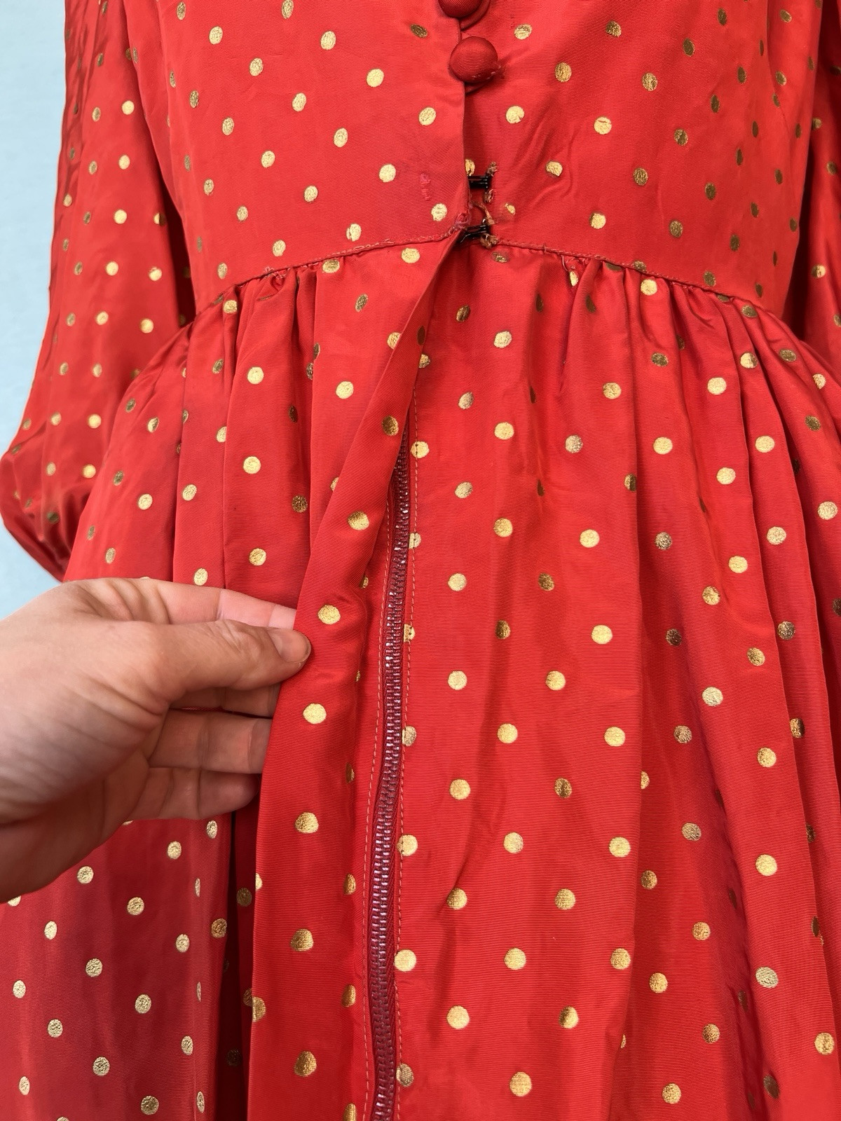 Vintage 1940s Red & Gold Polka Dot Flobert Maxi Formal Dress, 38 bust, 27 waist